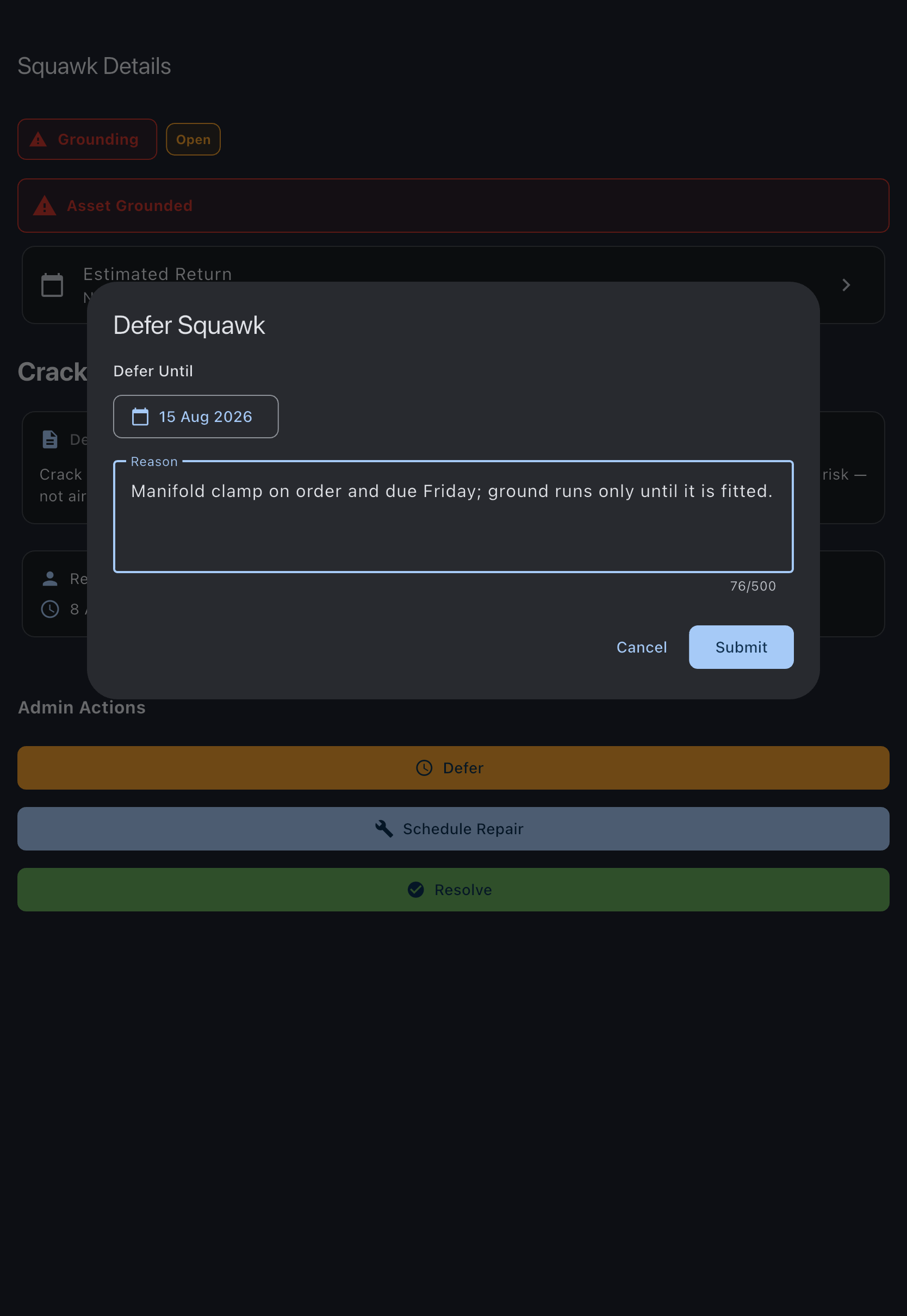The Defer dialog with a Defer Until date selected and a reason explaining why the aircraft is safe to keep flying until that date