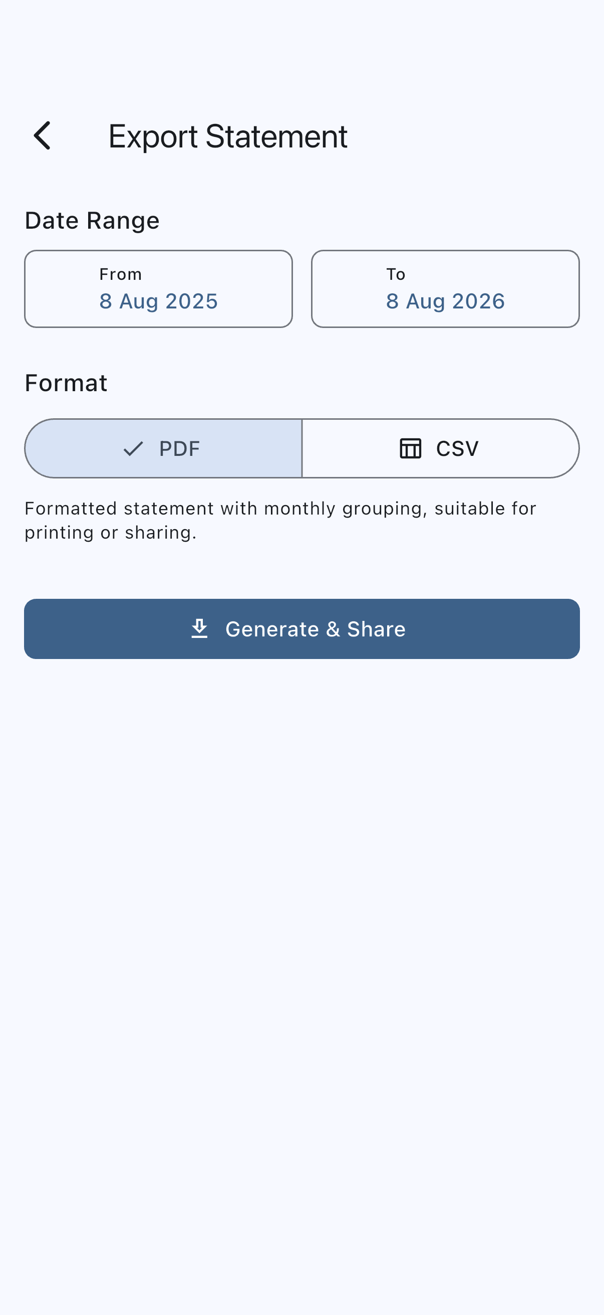 The Export Statement screen with From and To dates chosen, the PDF and CSV options, and the generate button