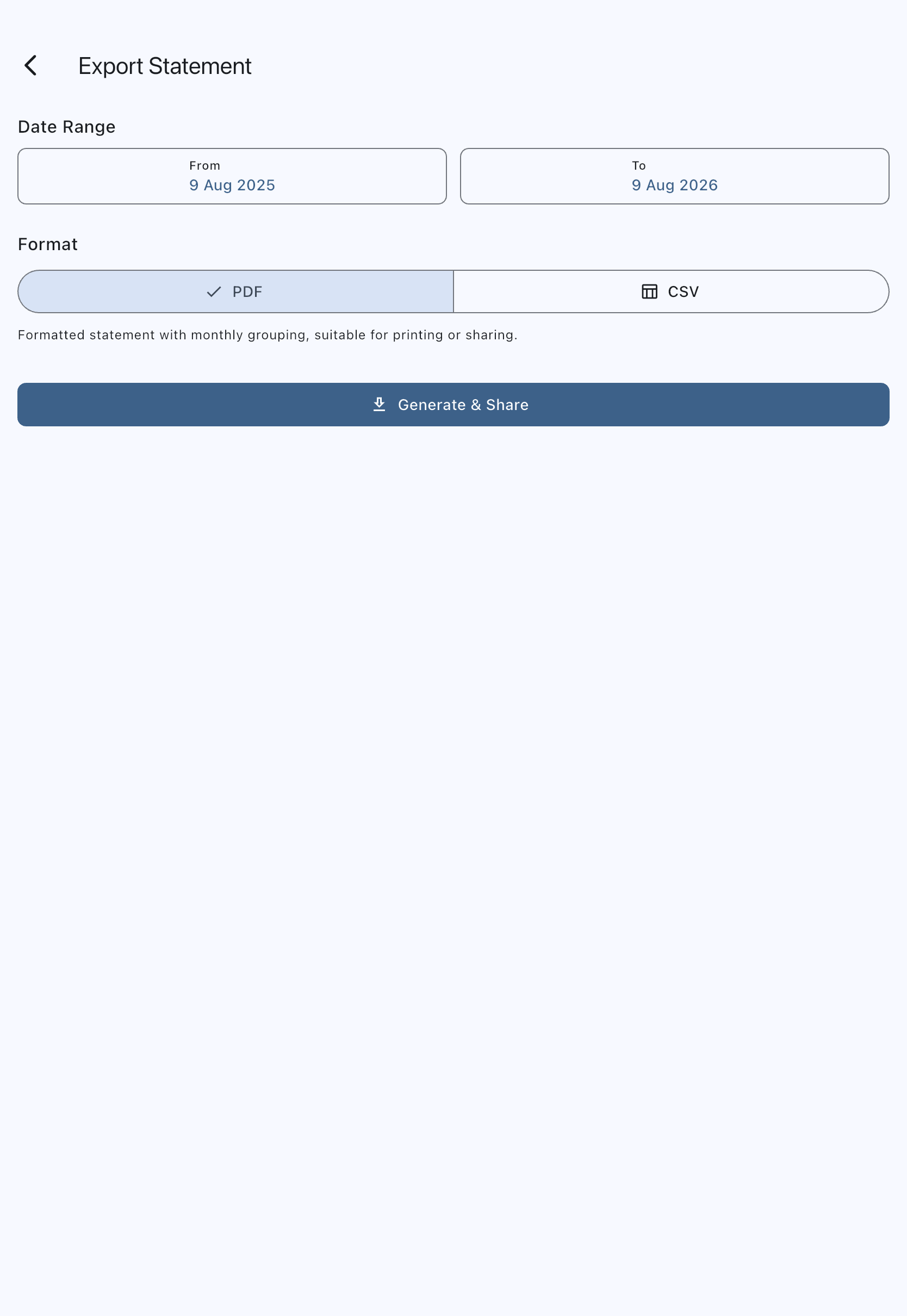 The Export Statement screen with From and To dates chosen, the PDF and CSV options, and the generate button