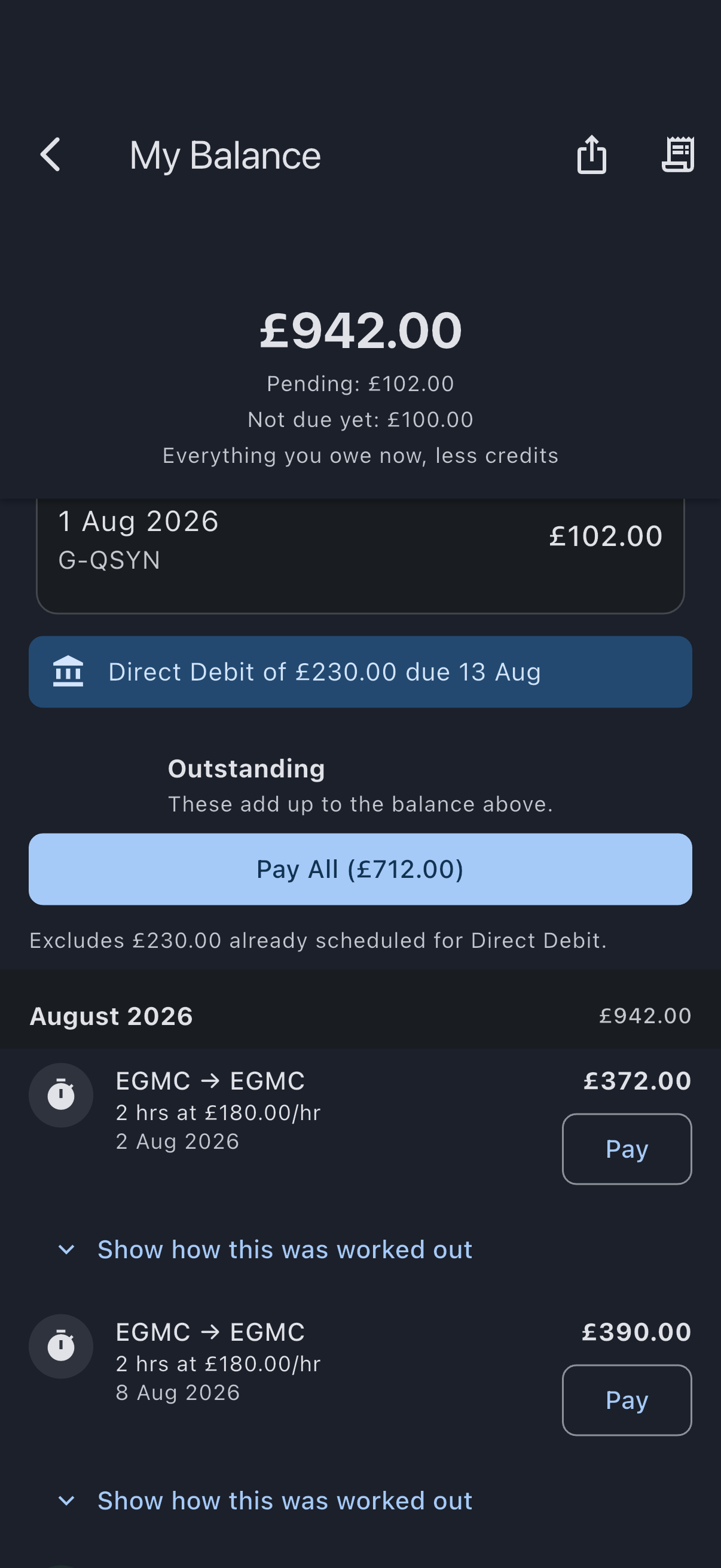 The My Balance screen with transactions grouped under month headings, each heading showing the month on the left and that month's net subtotal on the right