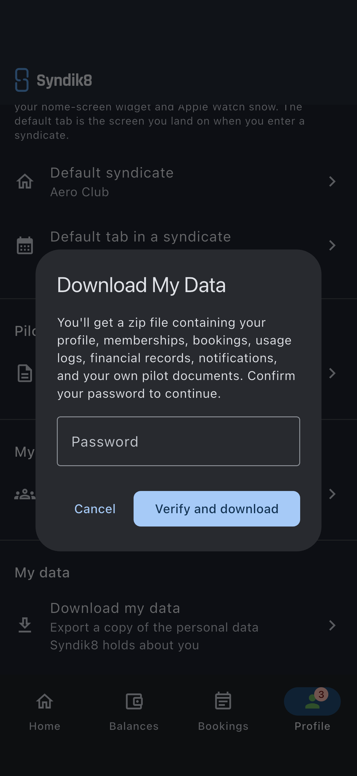 The Download My Data dialog listing what the export contains, with an empty Password field above the Cancel and Verify and download buttons