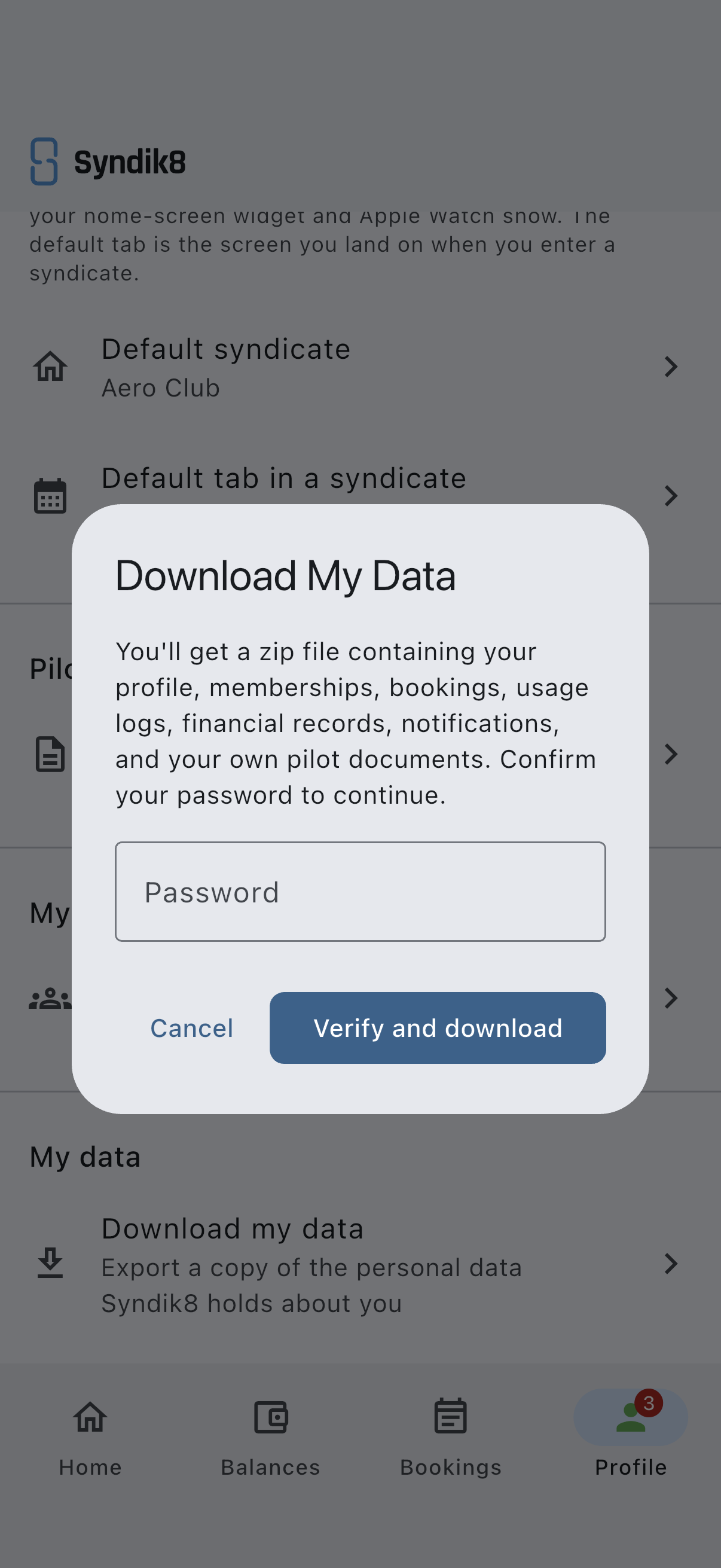 The Download My Data dialog listing what the export contains, with an empty Password field above the Cancel and Verify and download buttons