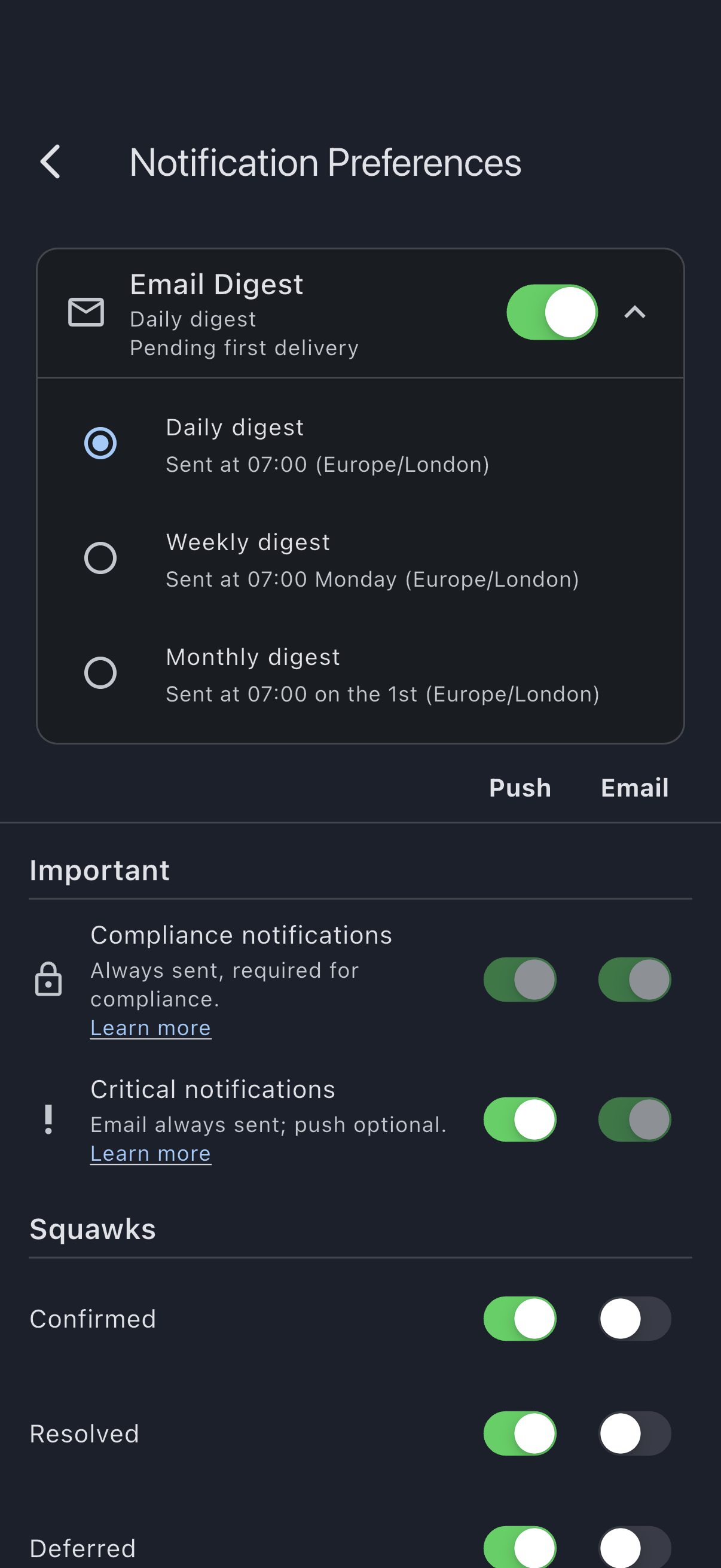 The Email Digest card expanded with its switch on, showing the Daily, Weekly and Monthly digest radios each with their send-time subtitle, and the Pending first delivery health line under the cadence in the card header