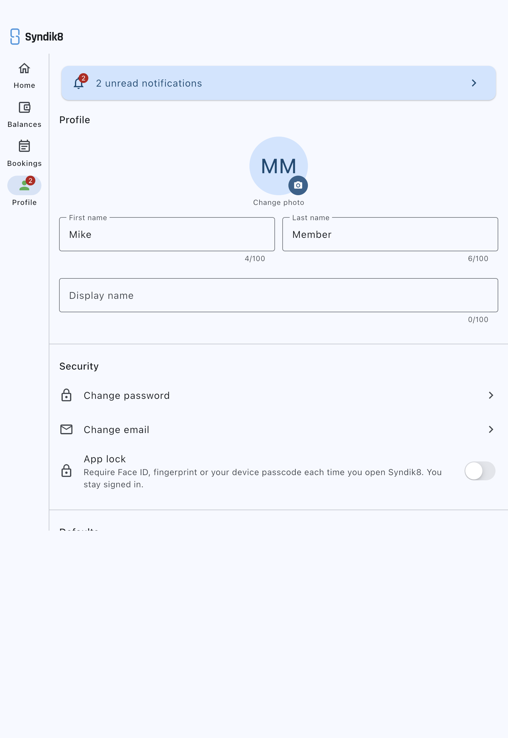 The Security section of the Profile screen showing the App lock row with its switch and the subtitle explaining that it requires Face ID, a fingerprint or your device passcode each time you open Syndik8