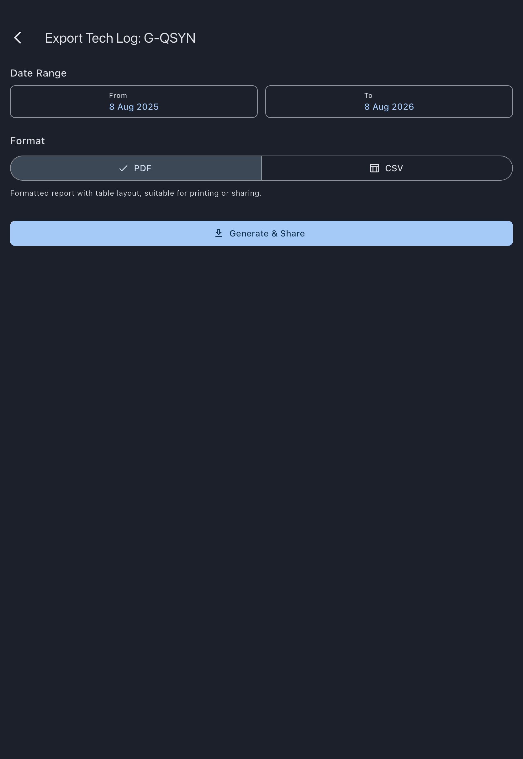 The Export Tech Log screen for G-QSYN: under the Date Range heading, a note that dates are read as UTC days rather than local ones, then the From and To date buttons, the PDF and CSV format segments with the selected format's description beneath them, and the Generate and Share button