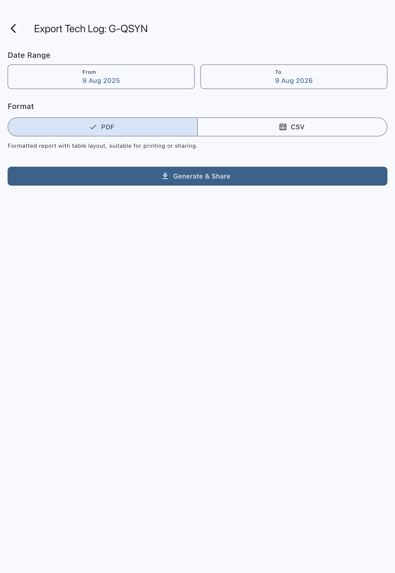 The Export Tech Log screen for G-QSYN: under the Date Range heading, a note that dates are read as UTC days rather than local ones, then the From and To date buttons, the PDF and CSV format segments with the selected format's description beneath them, and the Generate and Share button