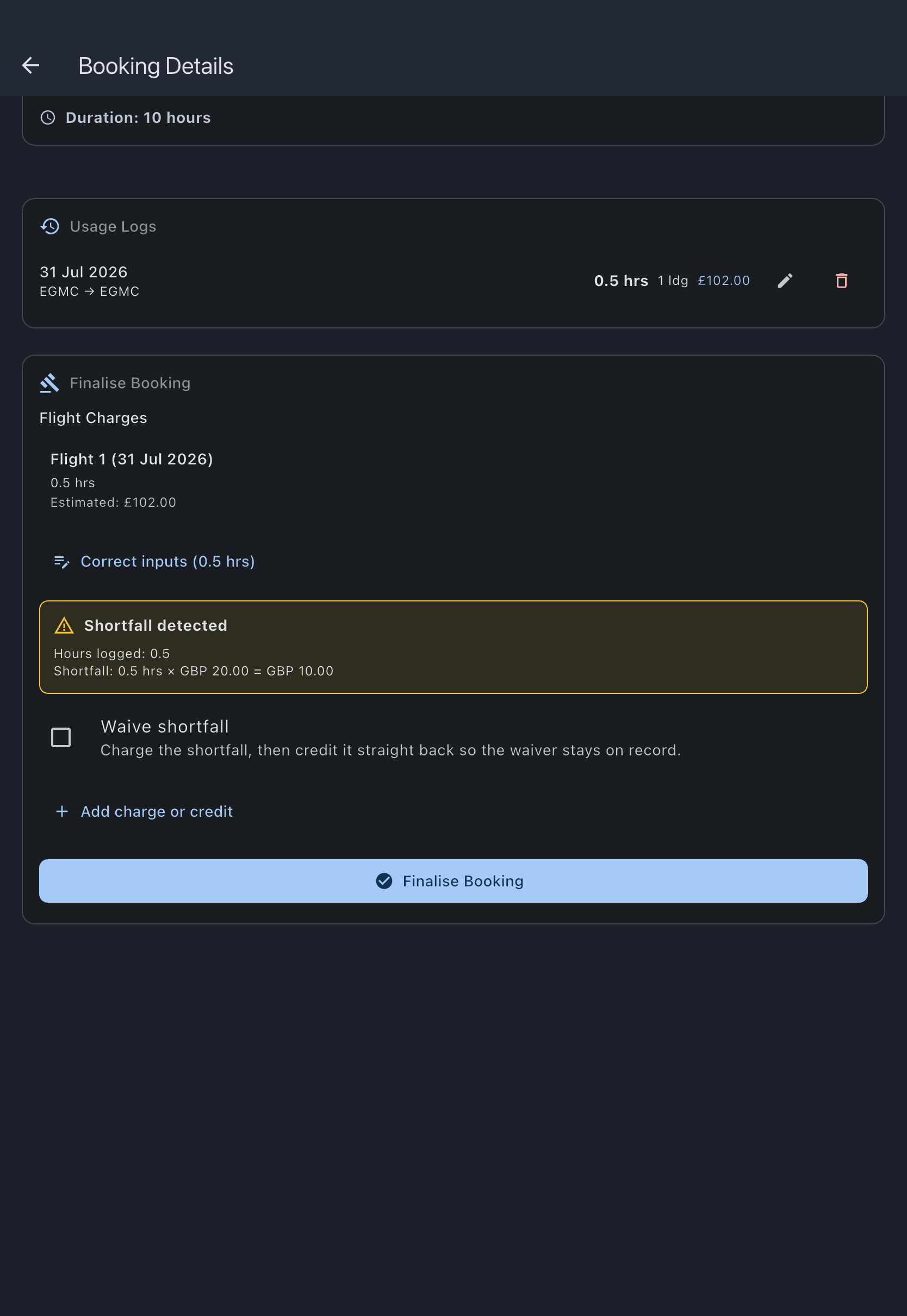 The Finalise Booking section of a booking detail screen, with the per-flight charge breakdown, the shortfall preview and the Waive shortfall checkbox