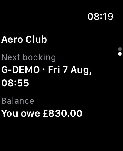 The watch app's glance page for Aero Club, showing the next booking for its aircraft on Fri 7 Aug at 08:55, a balance reading You owe £830.00, and the page dots for swiping between syndicates