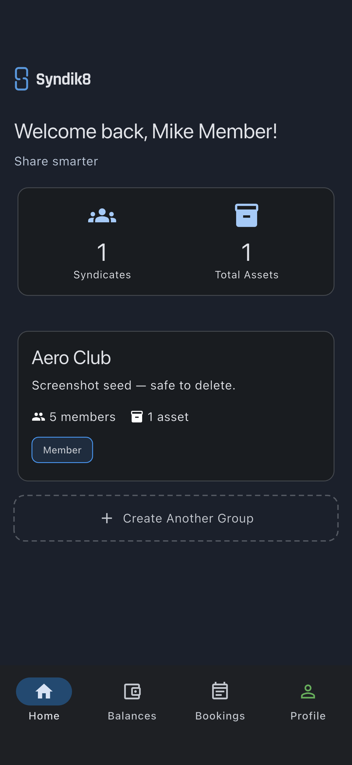 Home screen after accepting an invite, with a new card for the syndicate you just joined