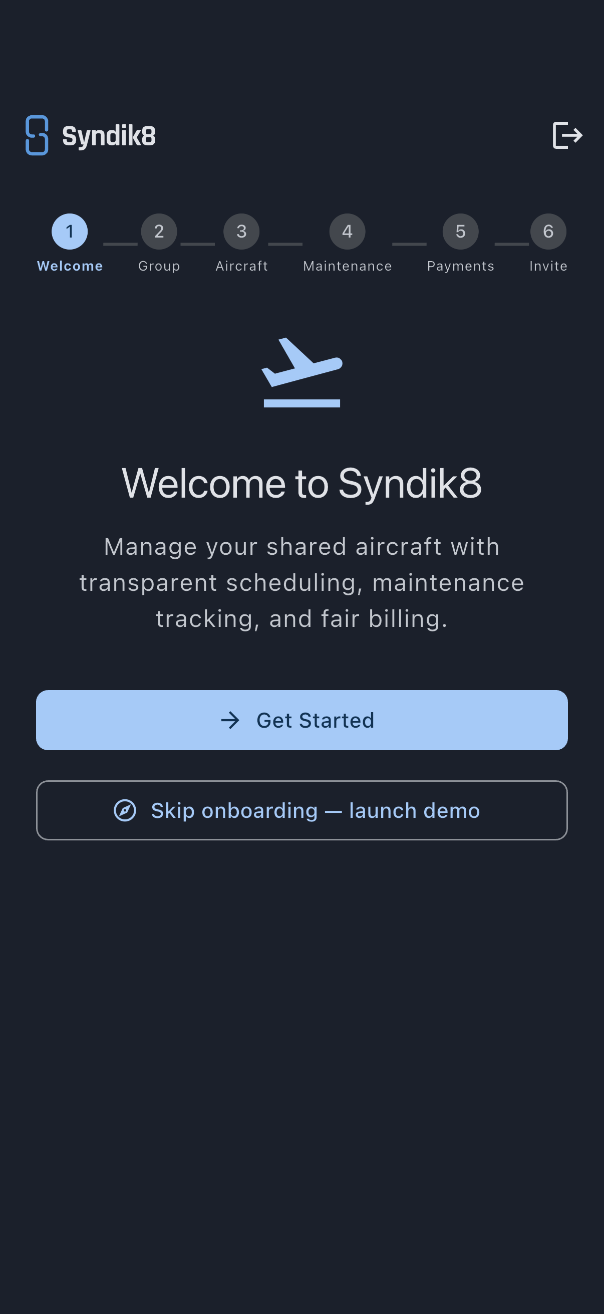 Home screen on a fresh account, prompting you to create or join a syndicate
