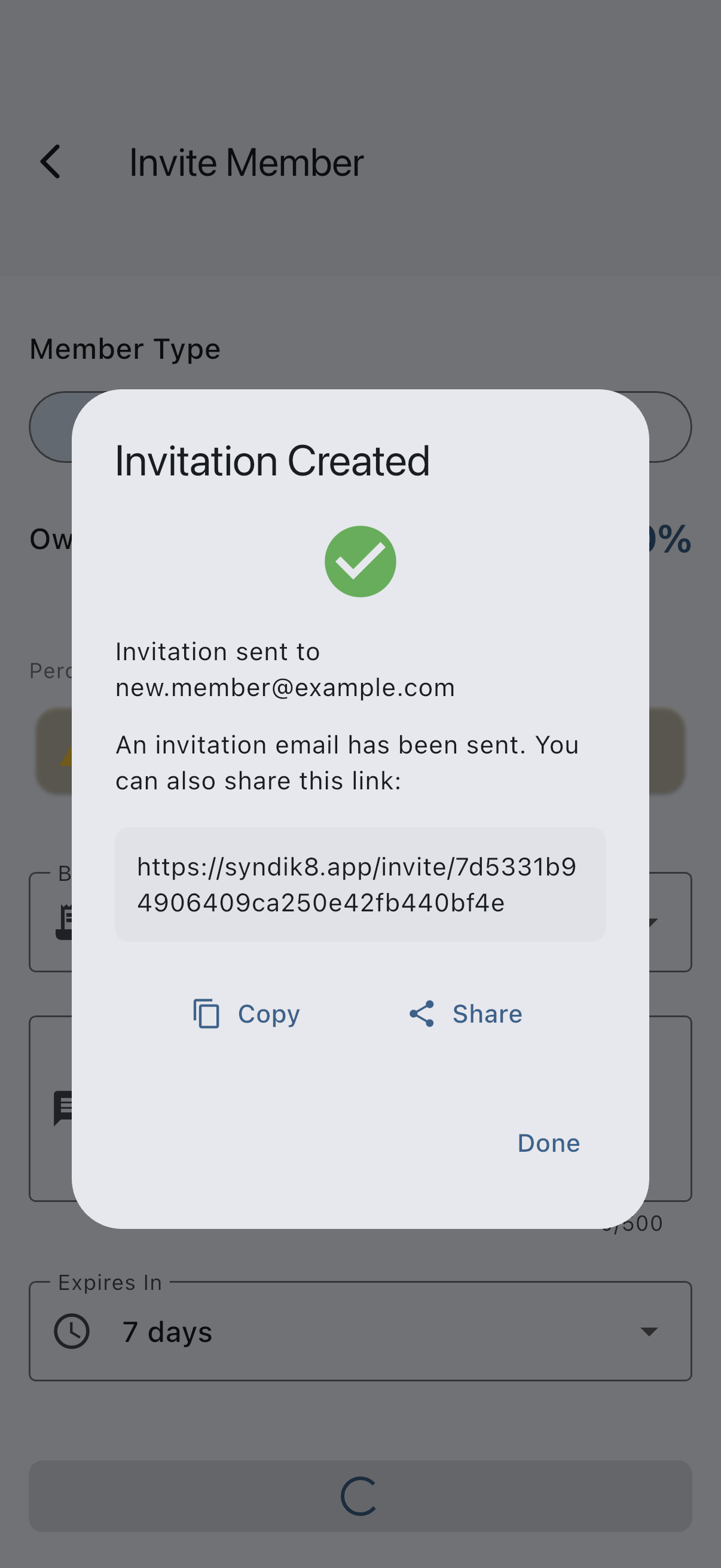 Invitation Created dialog with the shareable link, Copy, and Share controls