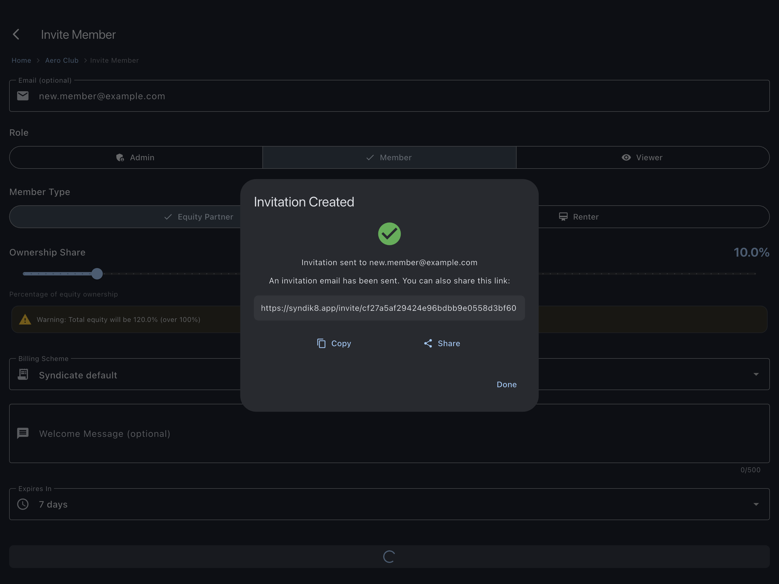 Invitation Created dialog with the shareable link, Copy, and Share controls