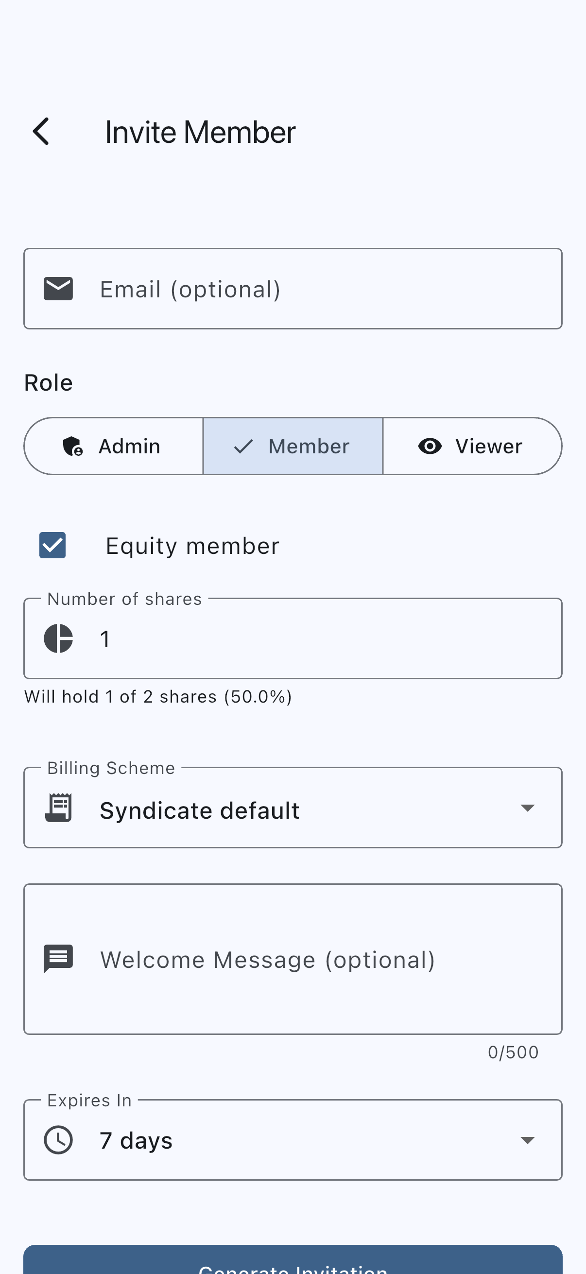 Invite Member screen with role selector, equity member toggle, and billing scheme selector