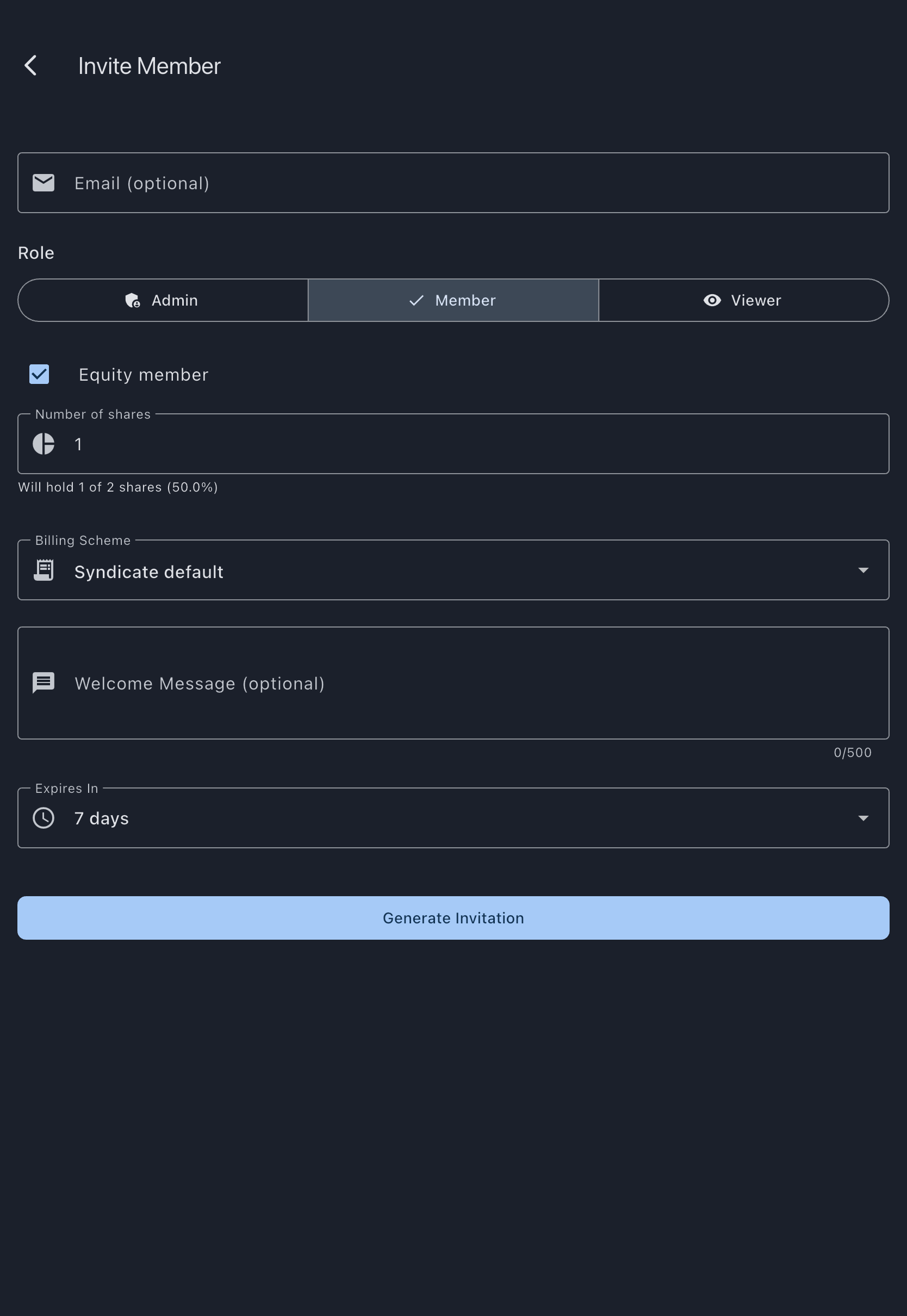 Invite Member screen with role selector, equity member toggle, and billing scheme selector