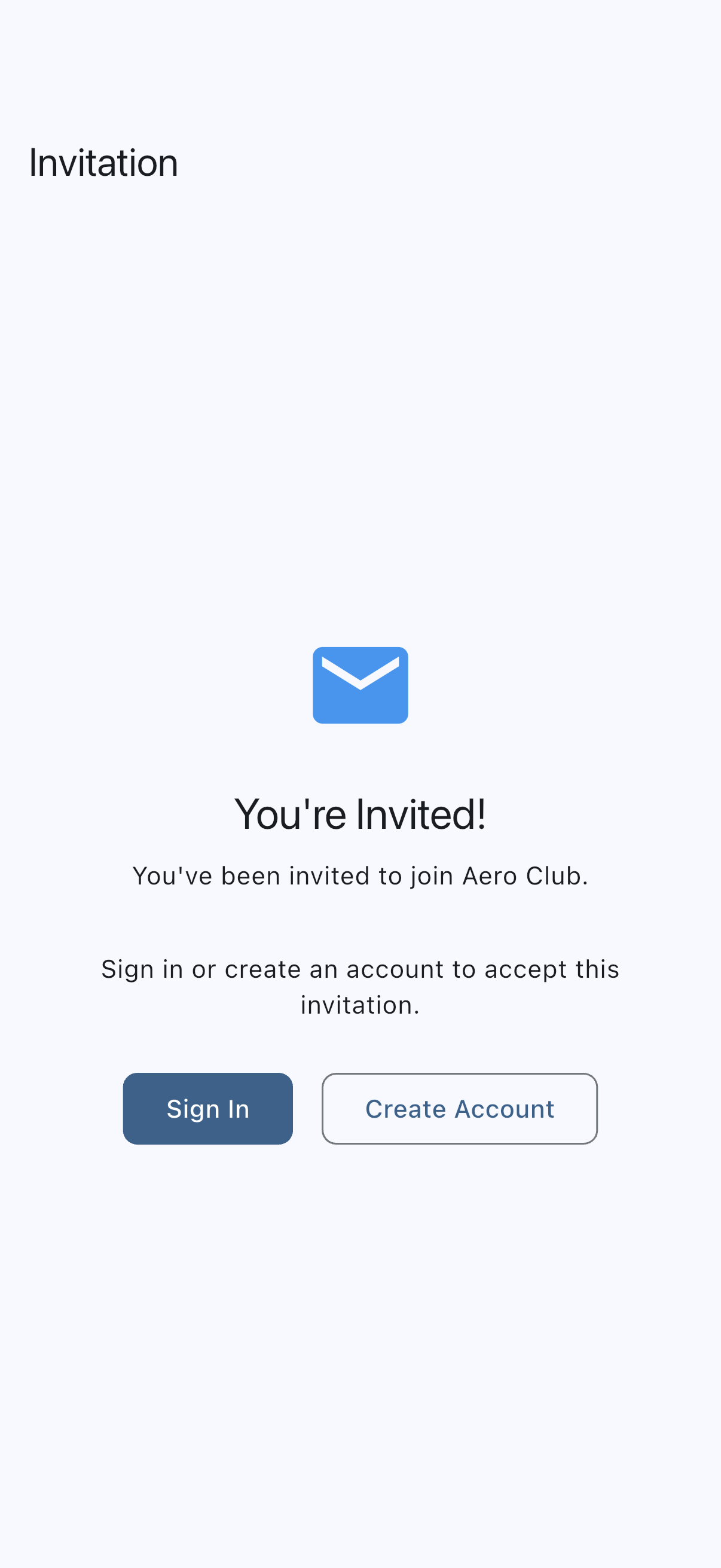 Invitation landing page for a signed-out user, with Sign In and Create Account buttons