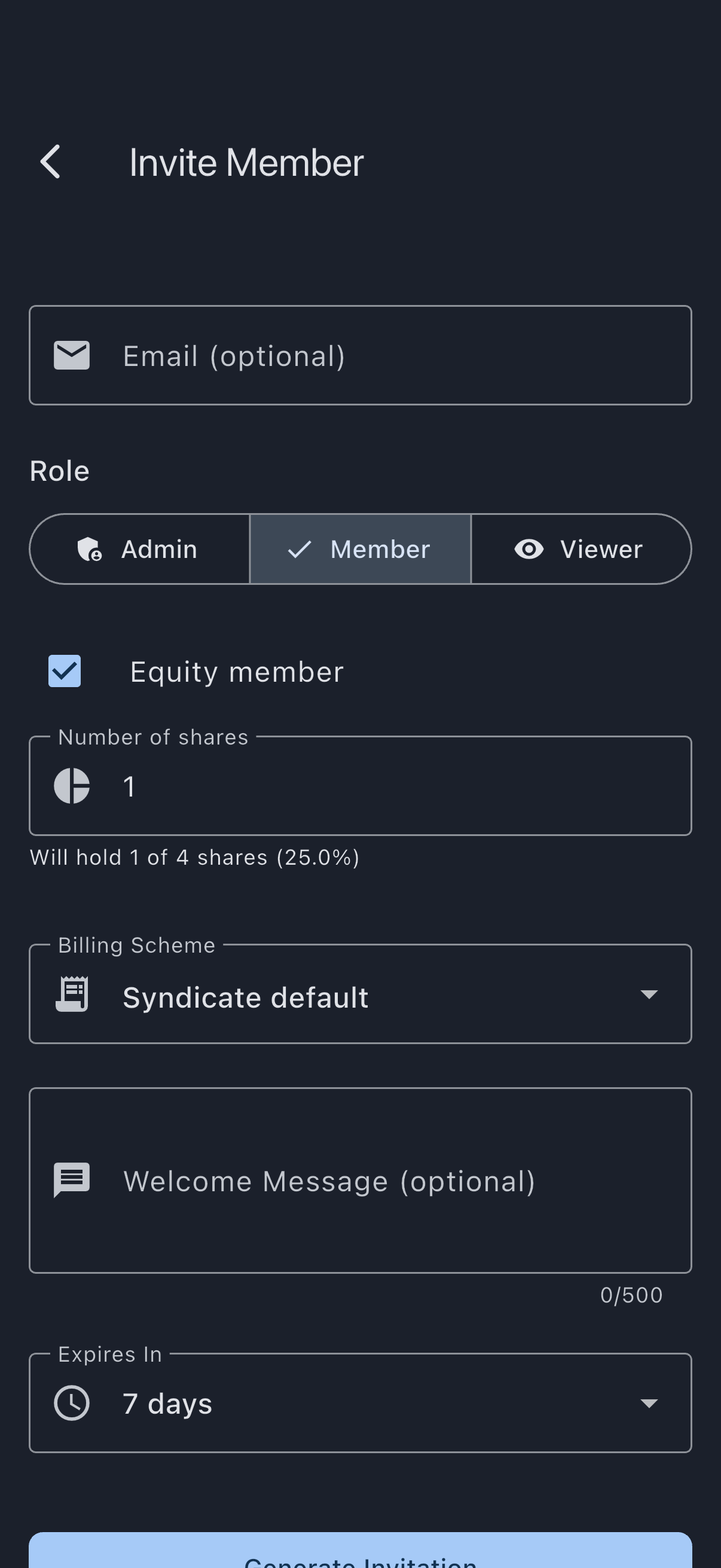 The Invite Member screen showing the optional Email field, the Admin / Member / Viewer role selector, the Equity member checkbox ticked with a Number of shares field and its share-percentage preview, the Billing Scheme dropdown, the Expires In selector, and the Generate Invitation button