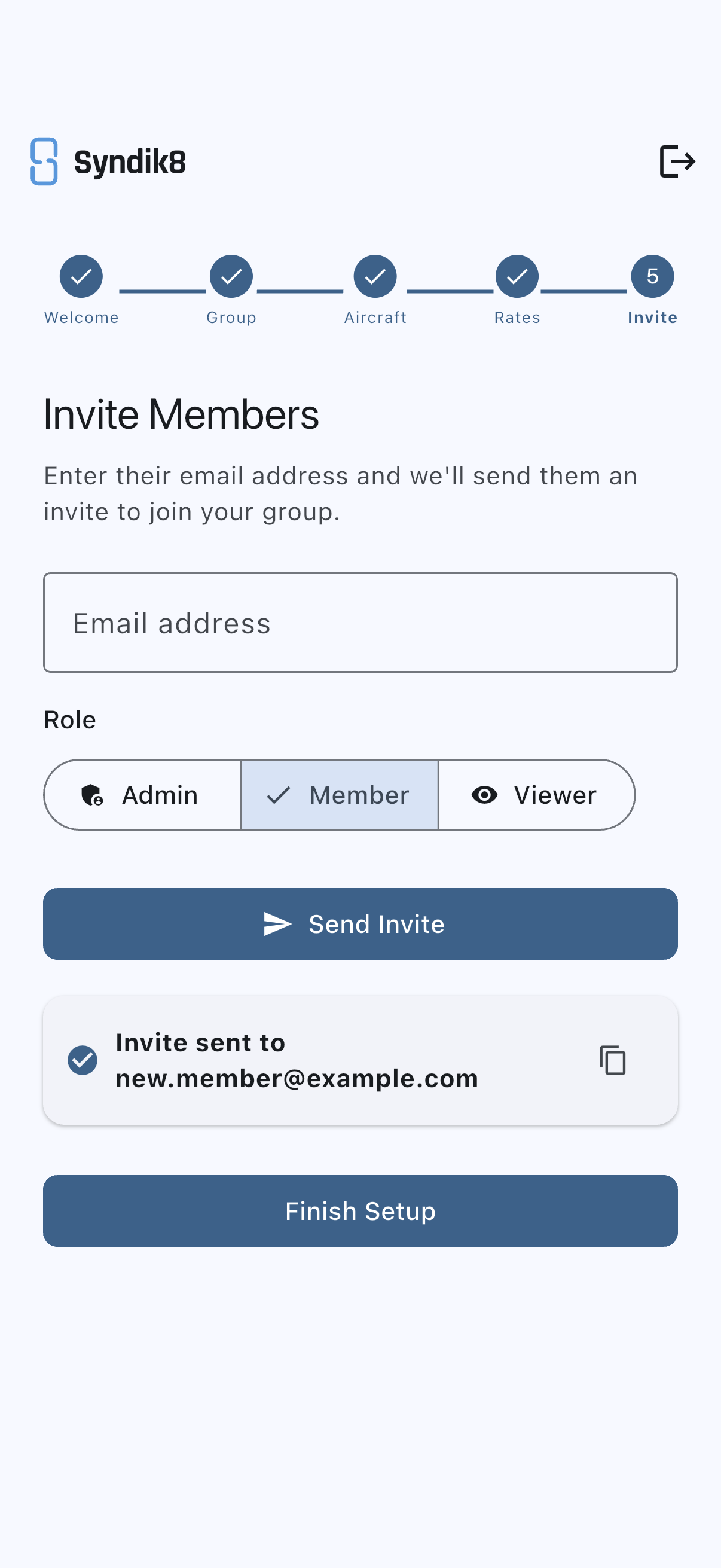 Invite Members step with an email field, a role selector, and a confirmation card for a sent invite