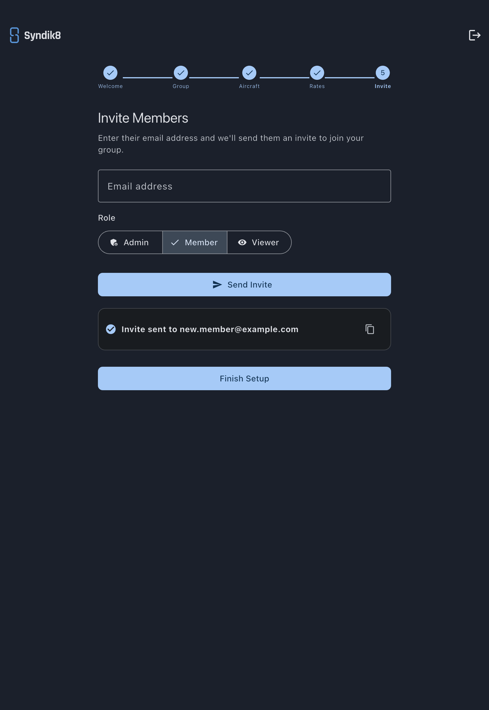 Invite Members step with an email field, a role selector, and a confirmation card for a sent invite