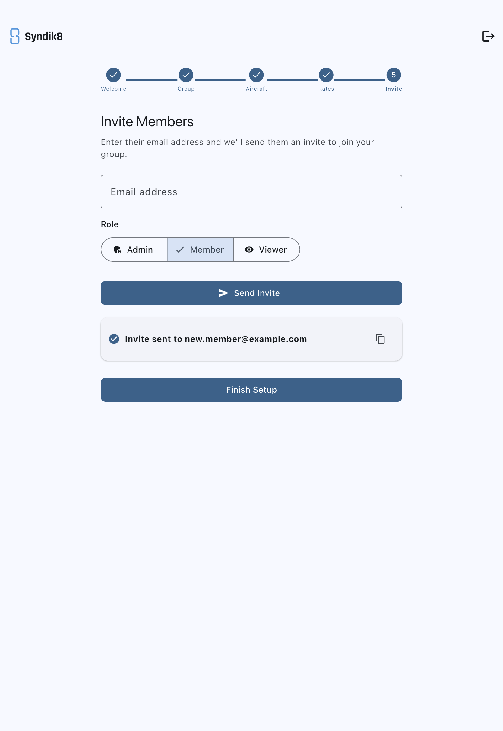 Invite Members step with an email field, a role selector, and a confirmation card for a sent invite