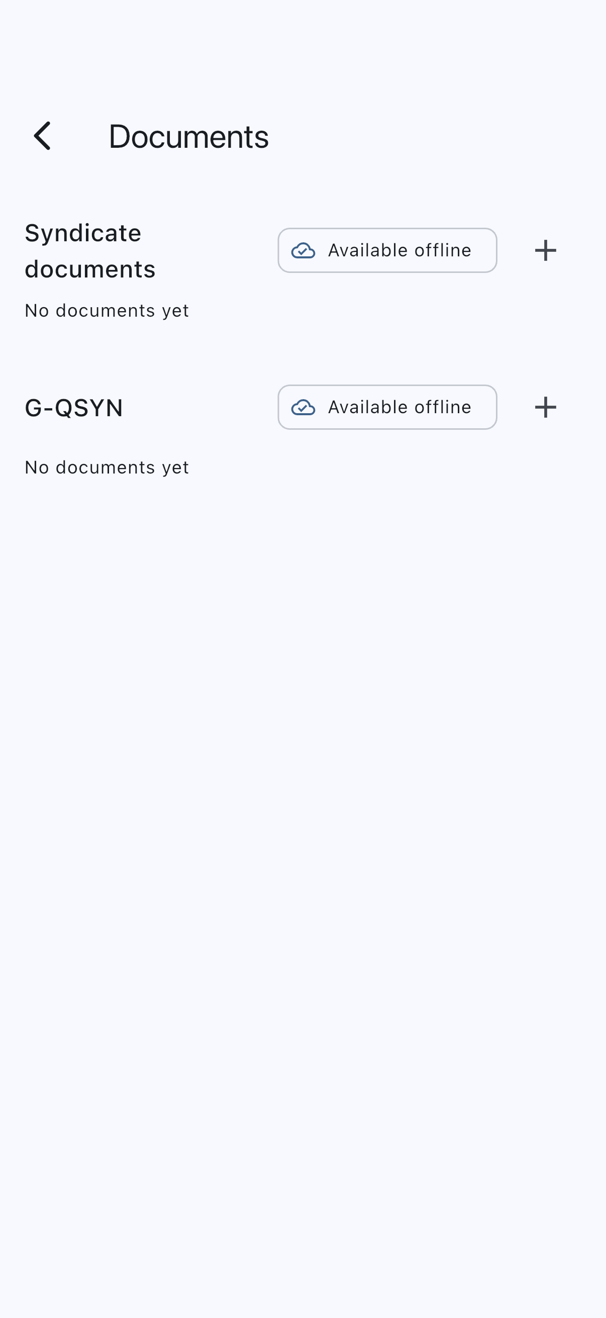 Empty document library with the syndicate section and one asset section, both showing no documents