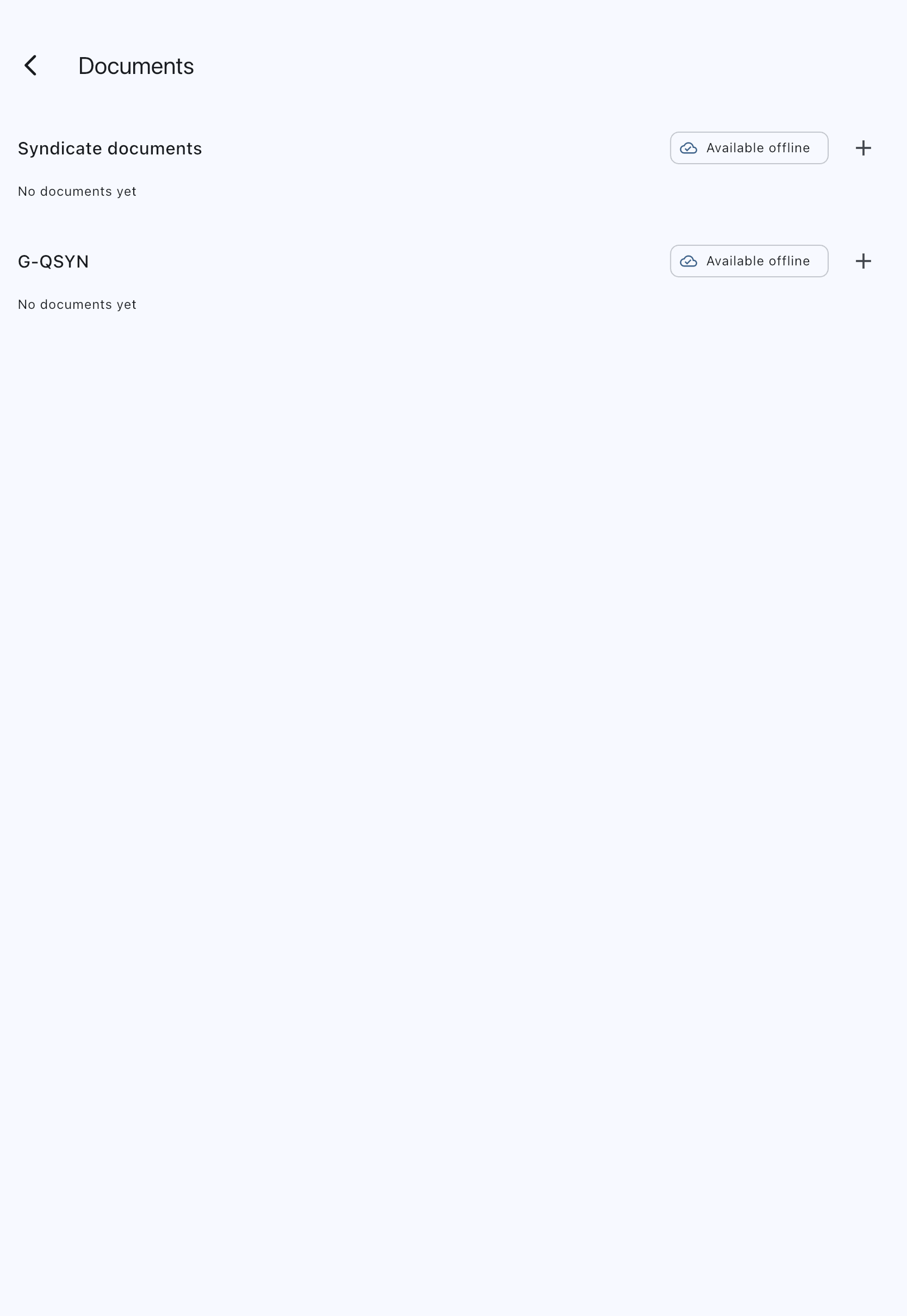 Empty document library with the syndicate section and one asset section, both showing no documents
