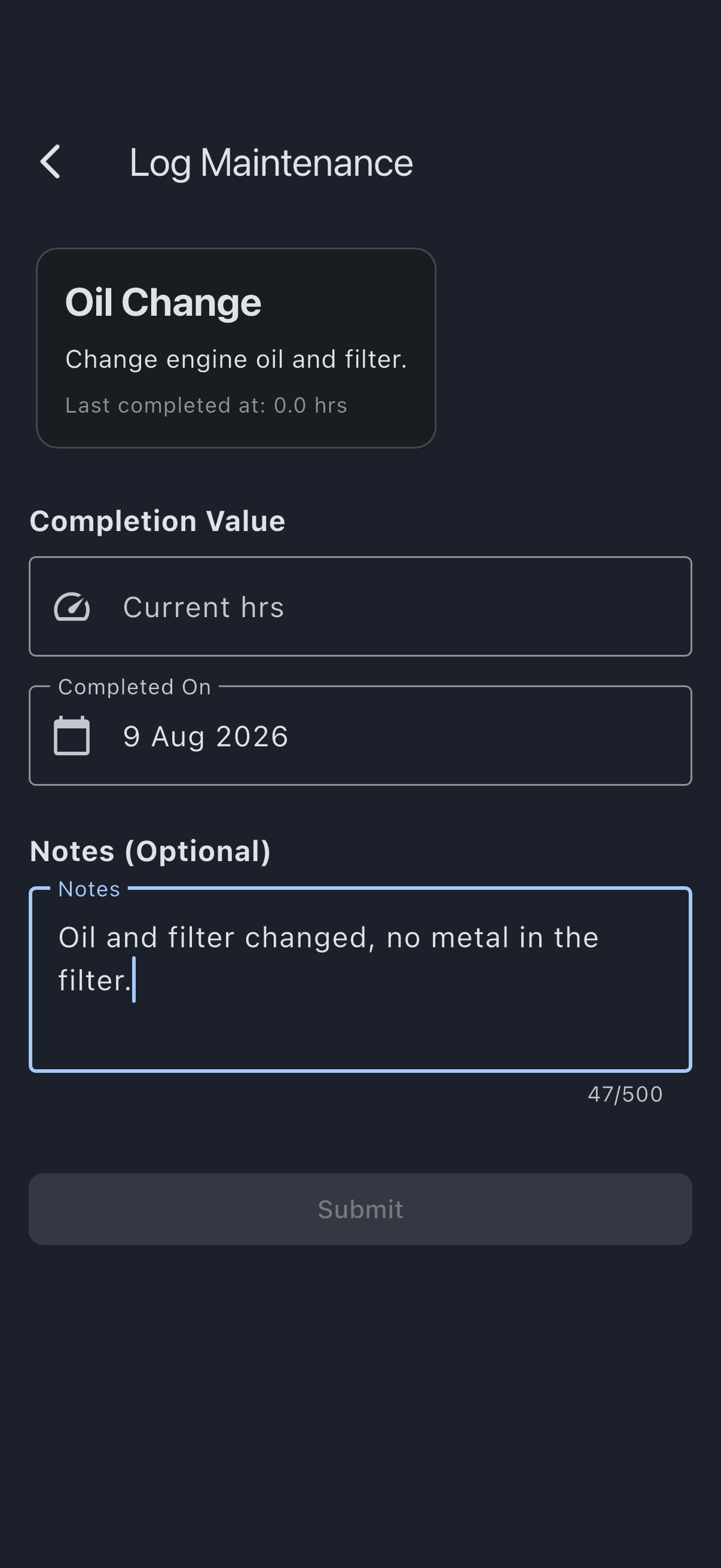 The Log Completion form for a usage-based item, showing the Completion Value field holding the meter reading at completion, the Completed On date beneath it, and a note describing the work below that