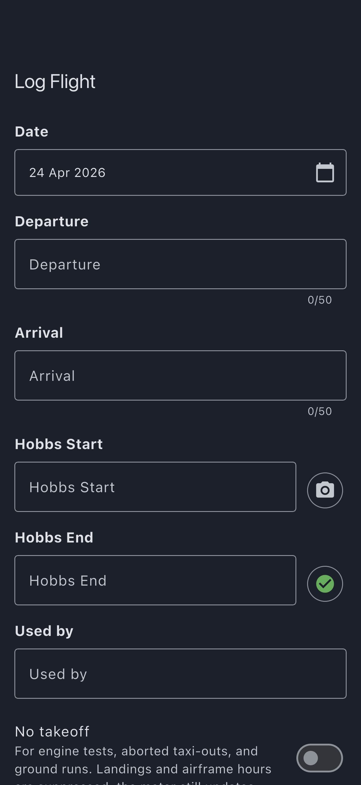 Log Flight form with a green confirmation tick next to the Hobbs End field, showing the meter photo is attached and ready to upload