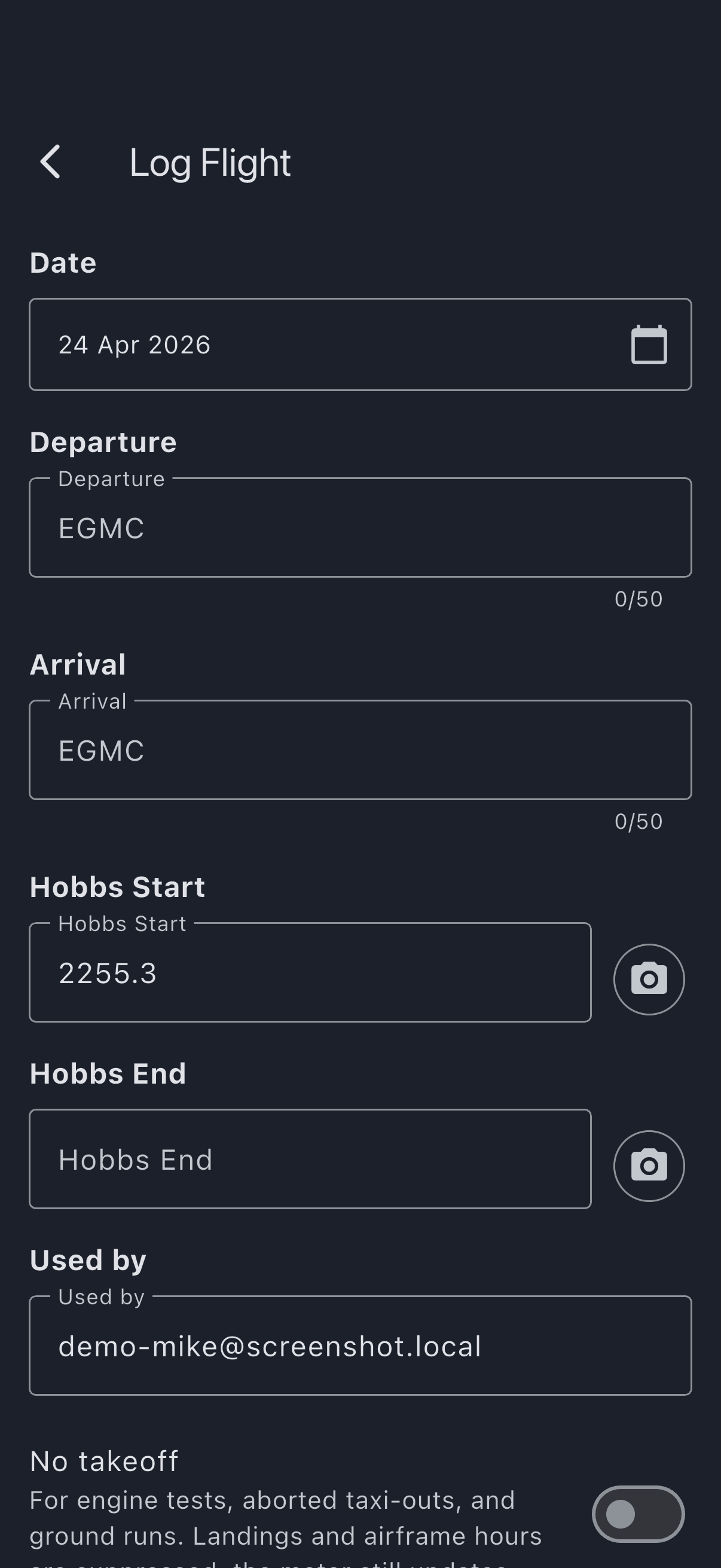 Empty Log Flight form with meter, airfield, landings and notes fields