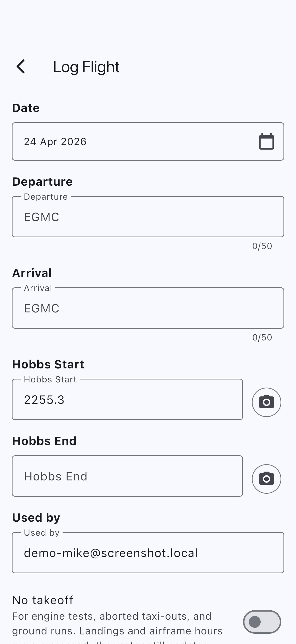 Empty Log Flight form with meter, airfield, landings and notes fields