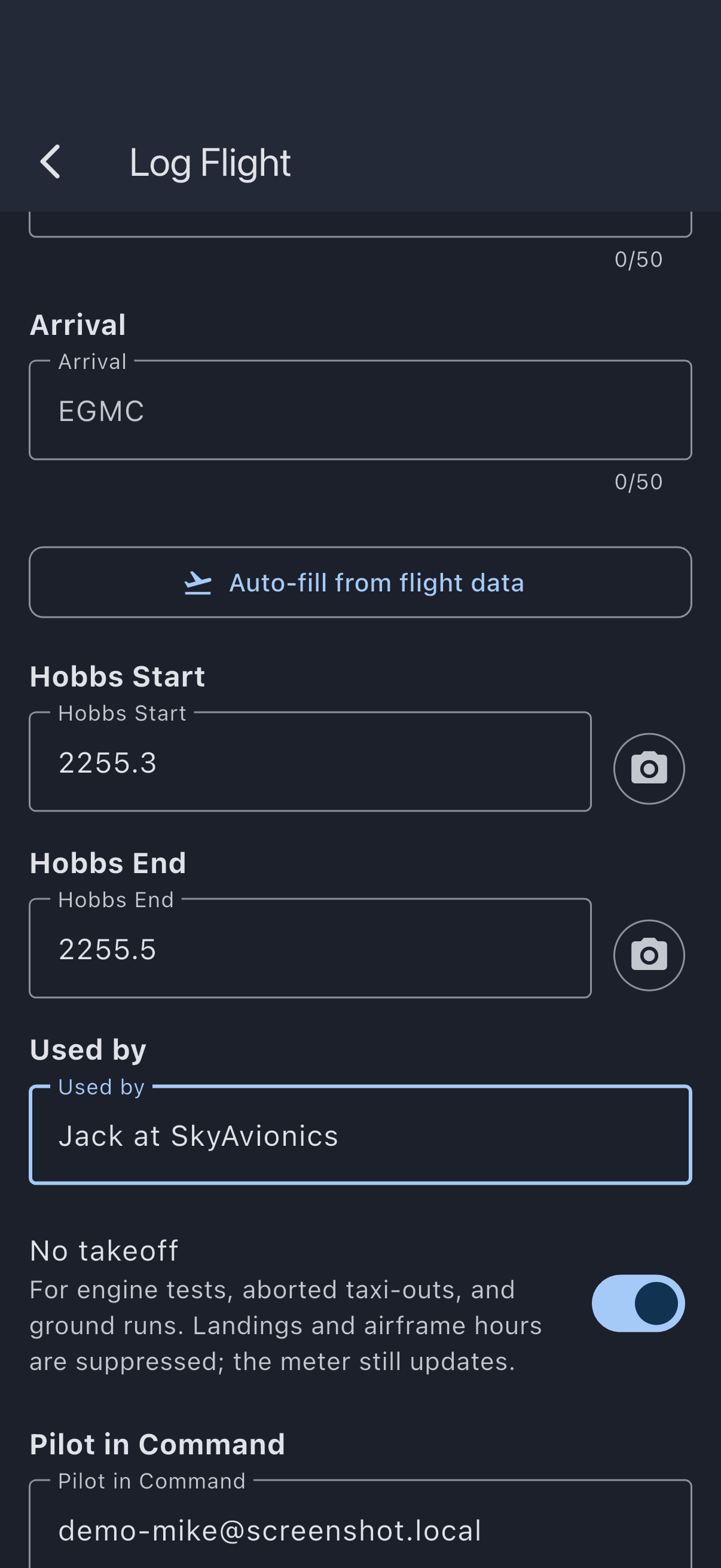 The usage log form for a maintenance booking, with Used by set to the person who ran the engine and the ground run choice selected, so the landings and touch-and-go fields are hidden