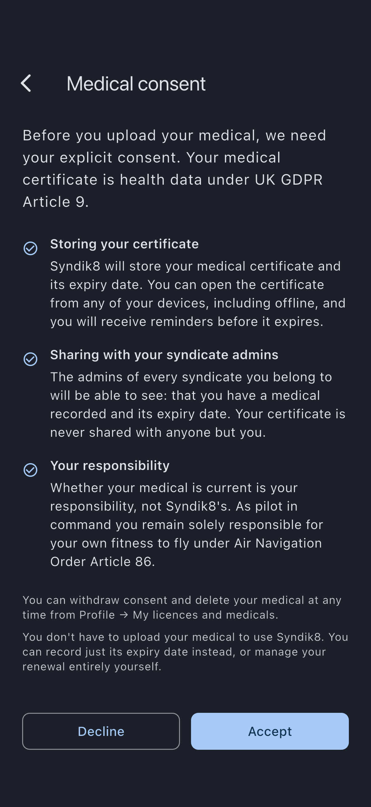 The Medical consent screen listing what will be stored and who sees it, with the Accept and Decline buttons