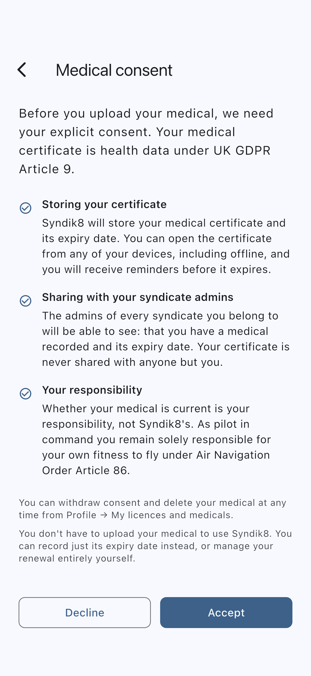 The Medical consent screen listing what will be stored and who sees it, with the Accept and Decline buttons