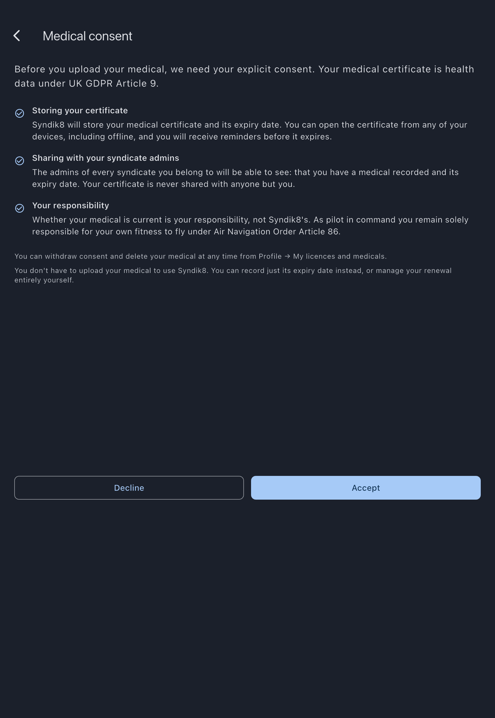 The Medical consent screen listing what will be stored and who sees it, with the Accept and Decline buttons