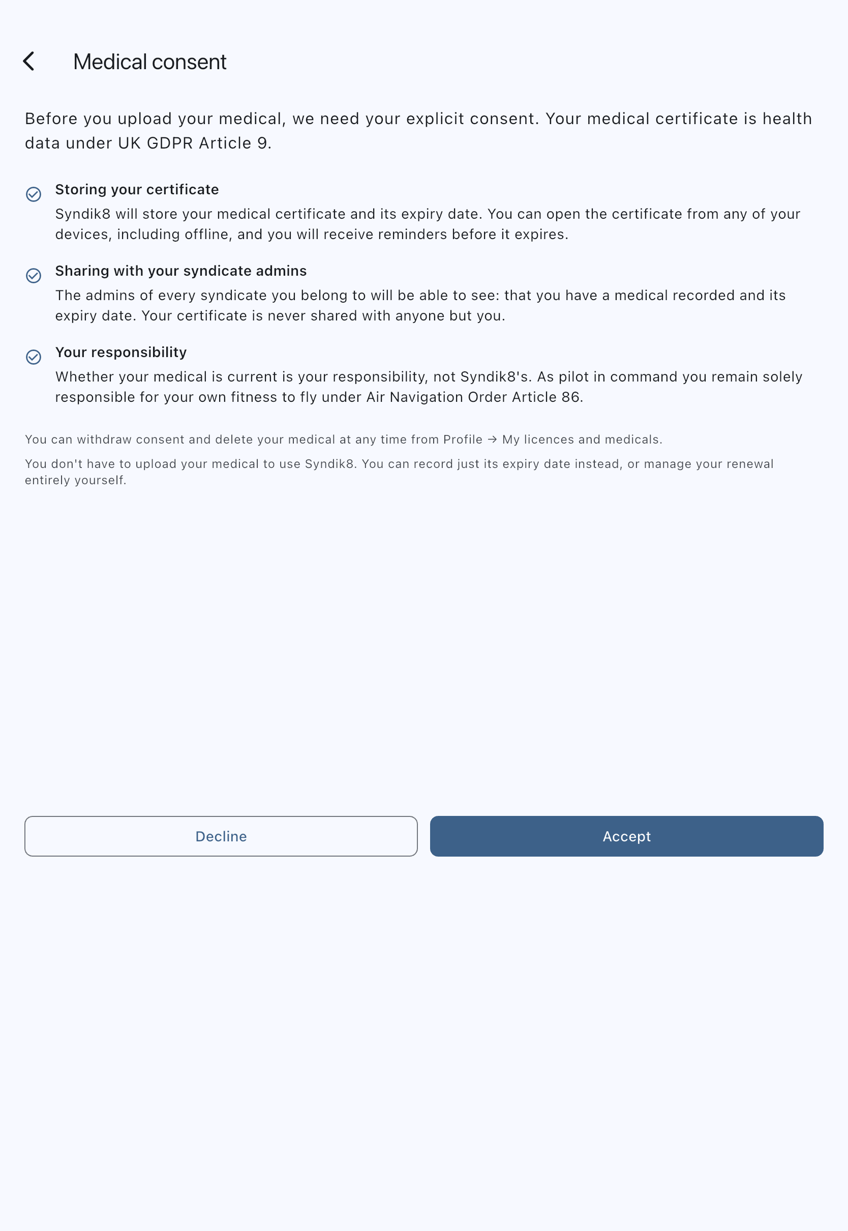 The Medical consent screen listing what will be stored and who sees it, with the Accept and Decline buttons