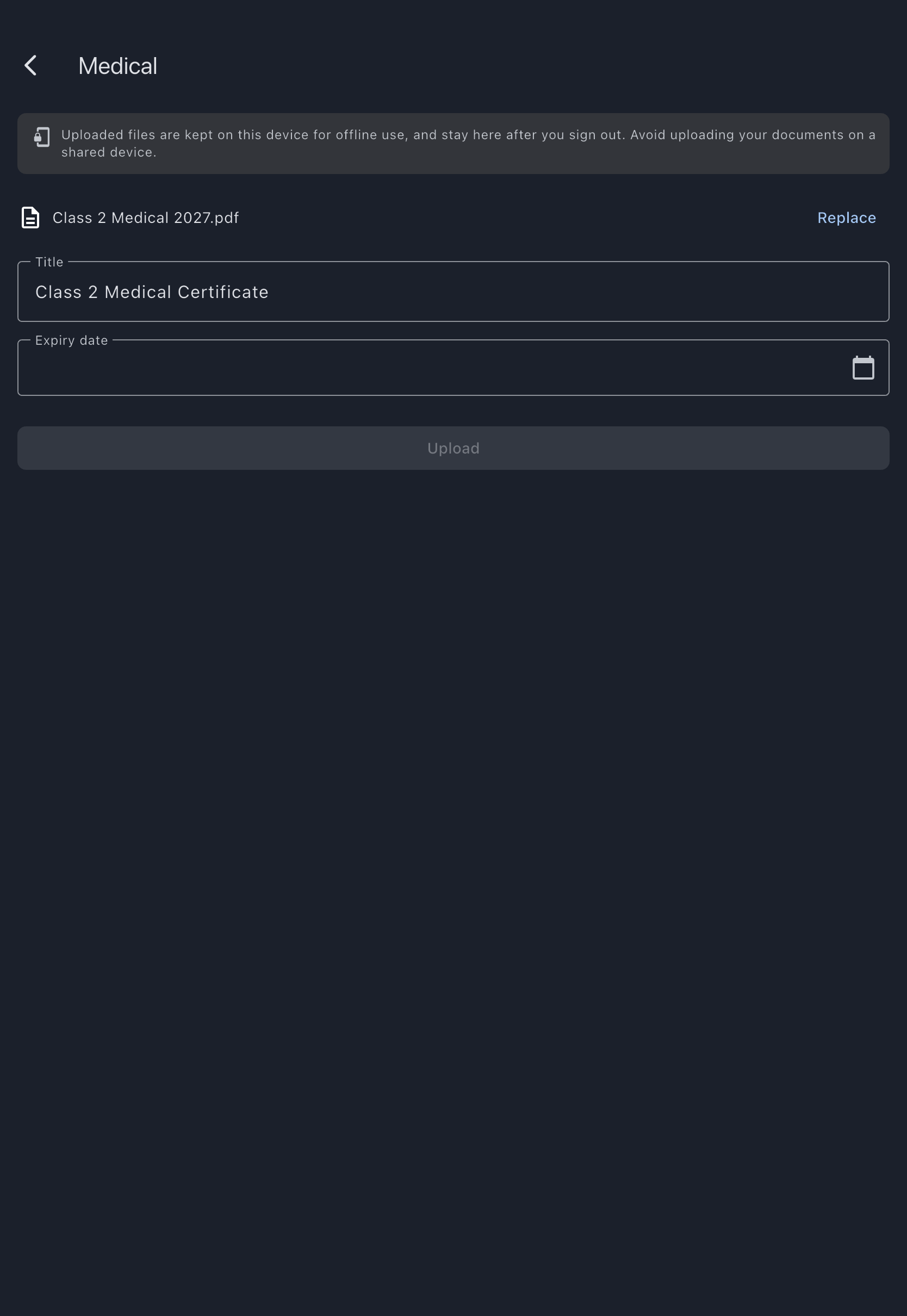 Medical upload form with the certificate chosen, the title filled in, and the expiry not yet picked