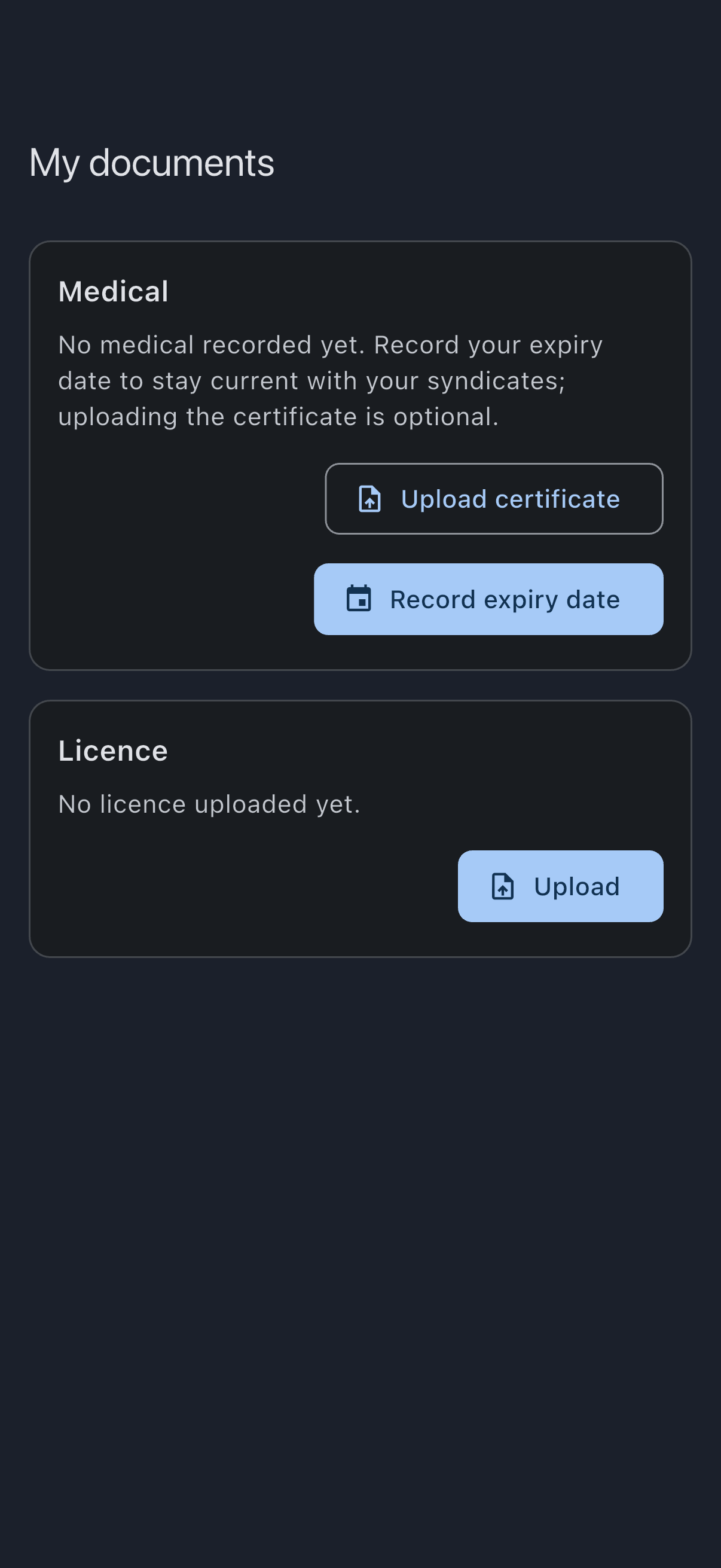 My documents screen with the empty Medical and Licence tiles