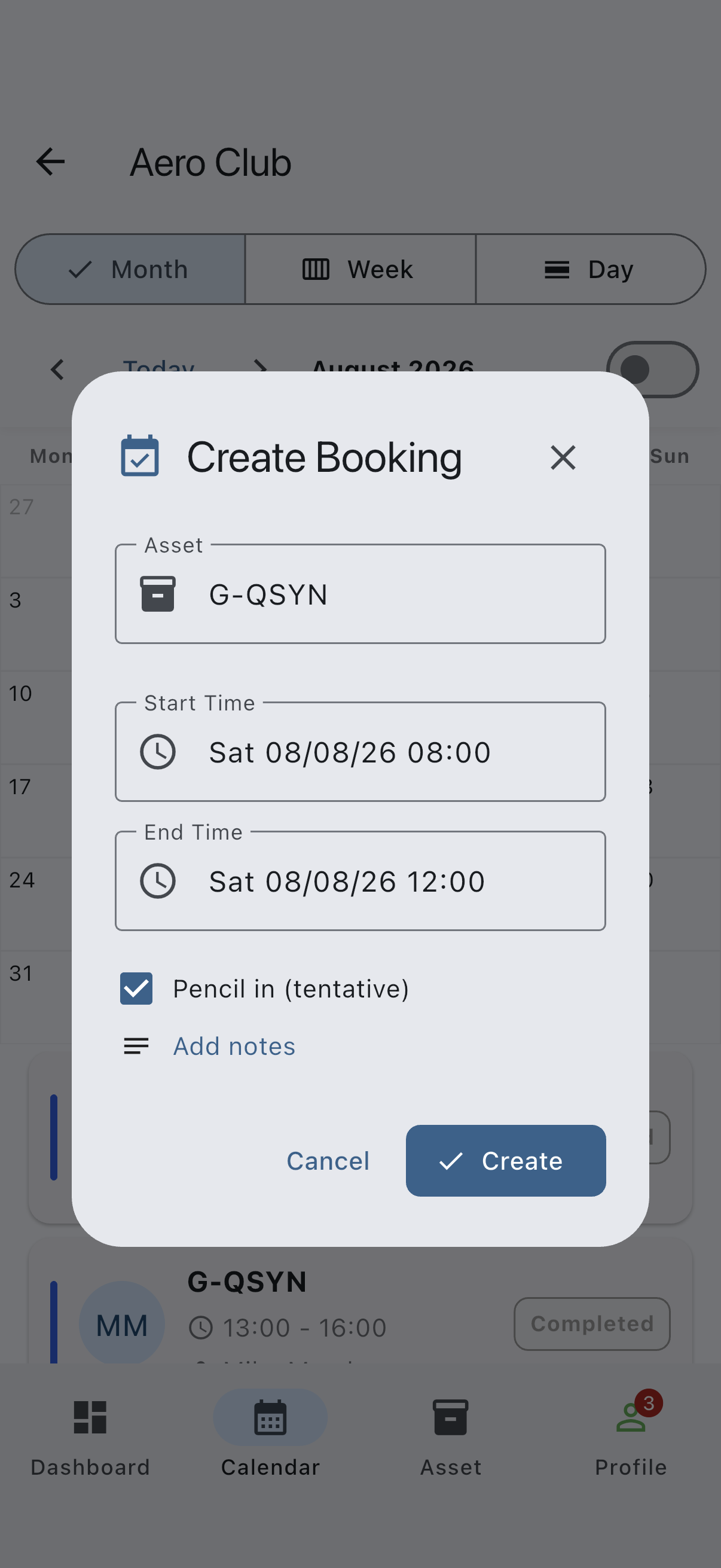 The create-booking dialog with the Pencil in (tentative) checkbox ticked