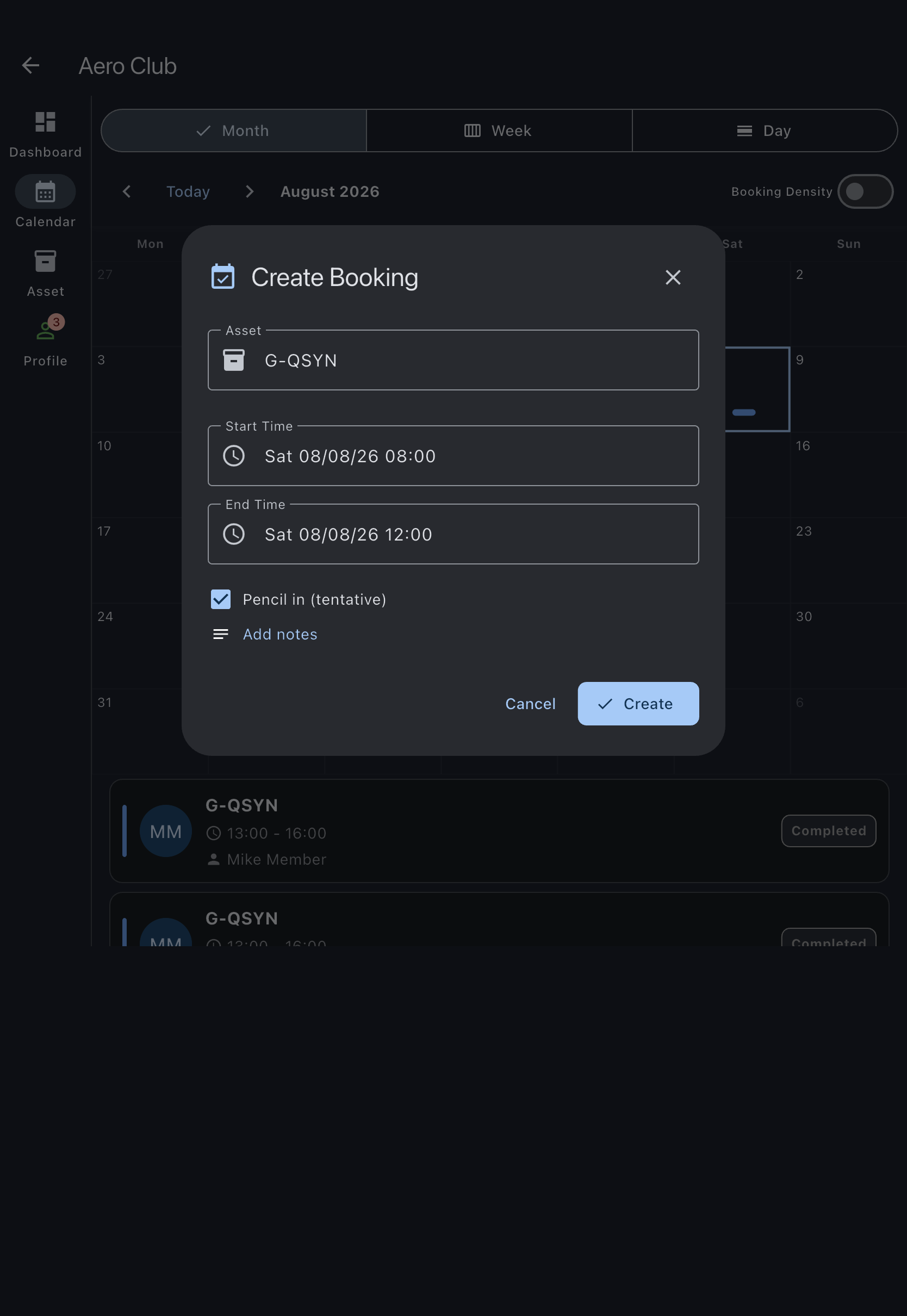The create-booking dialog with the Pencil in (tentative) checkbox ticked
