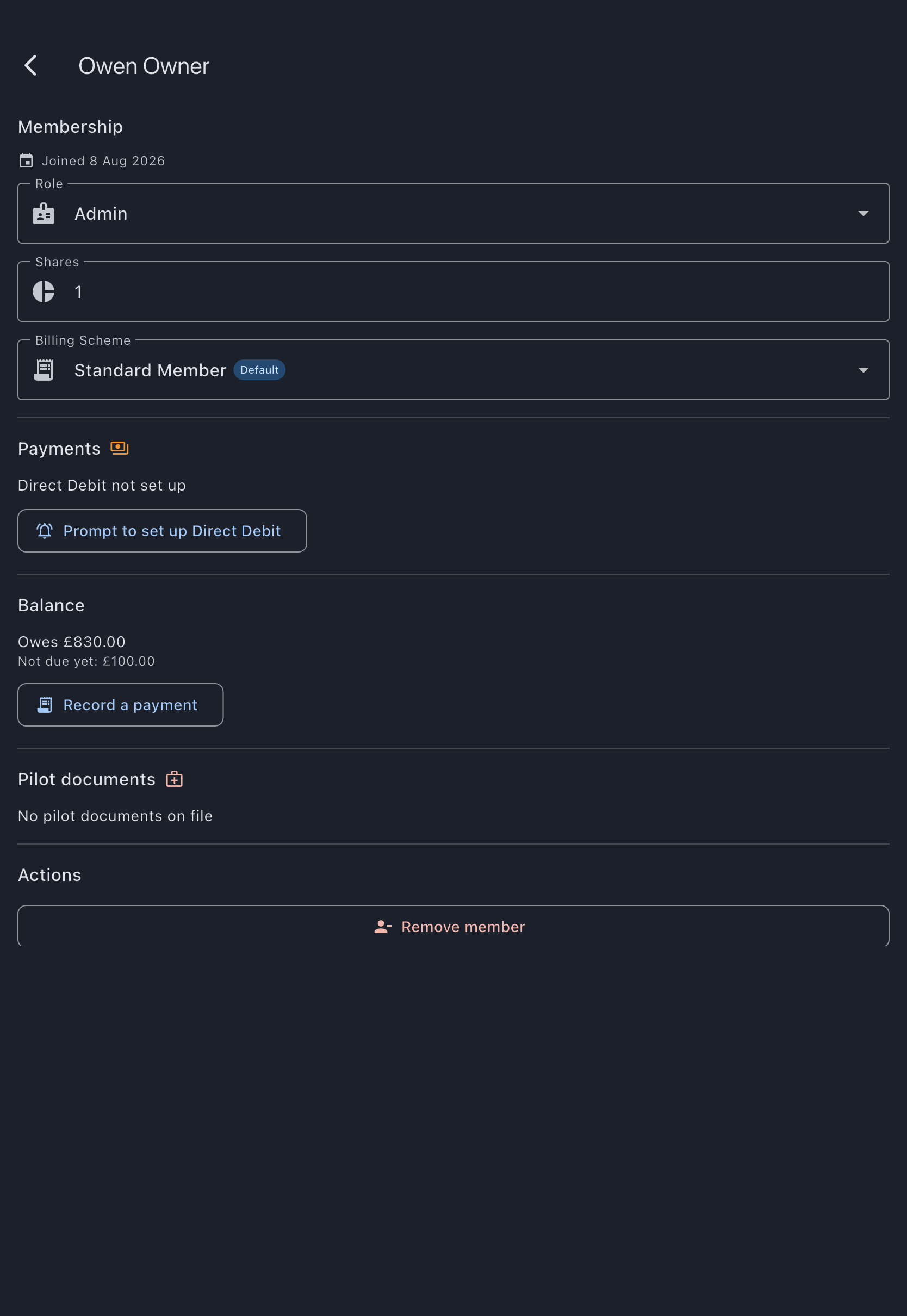 A member's detail screen with a Payments section reading Direct Debit not set up above a Prompt to set up Direct Debit button, between the Membership fields and the member's balance