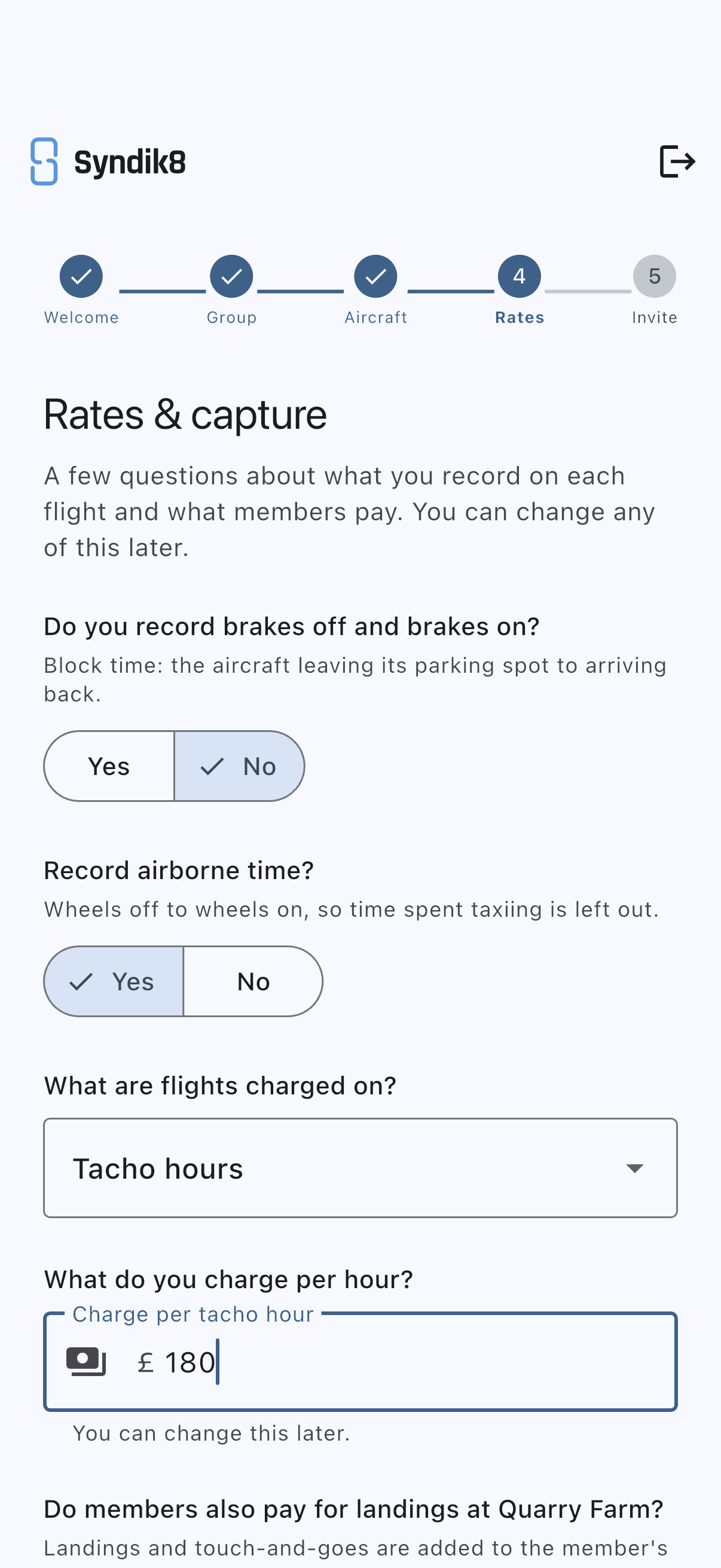 Rates and capture step with the capture questions answered, the charged-on selector, and the hourly rate field