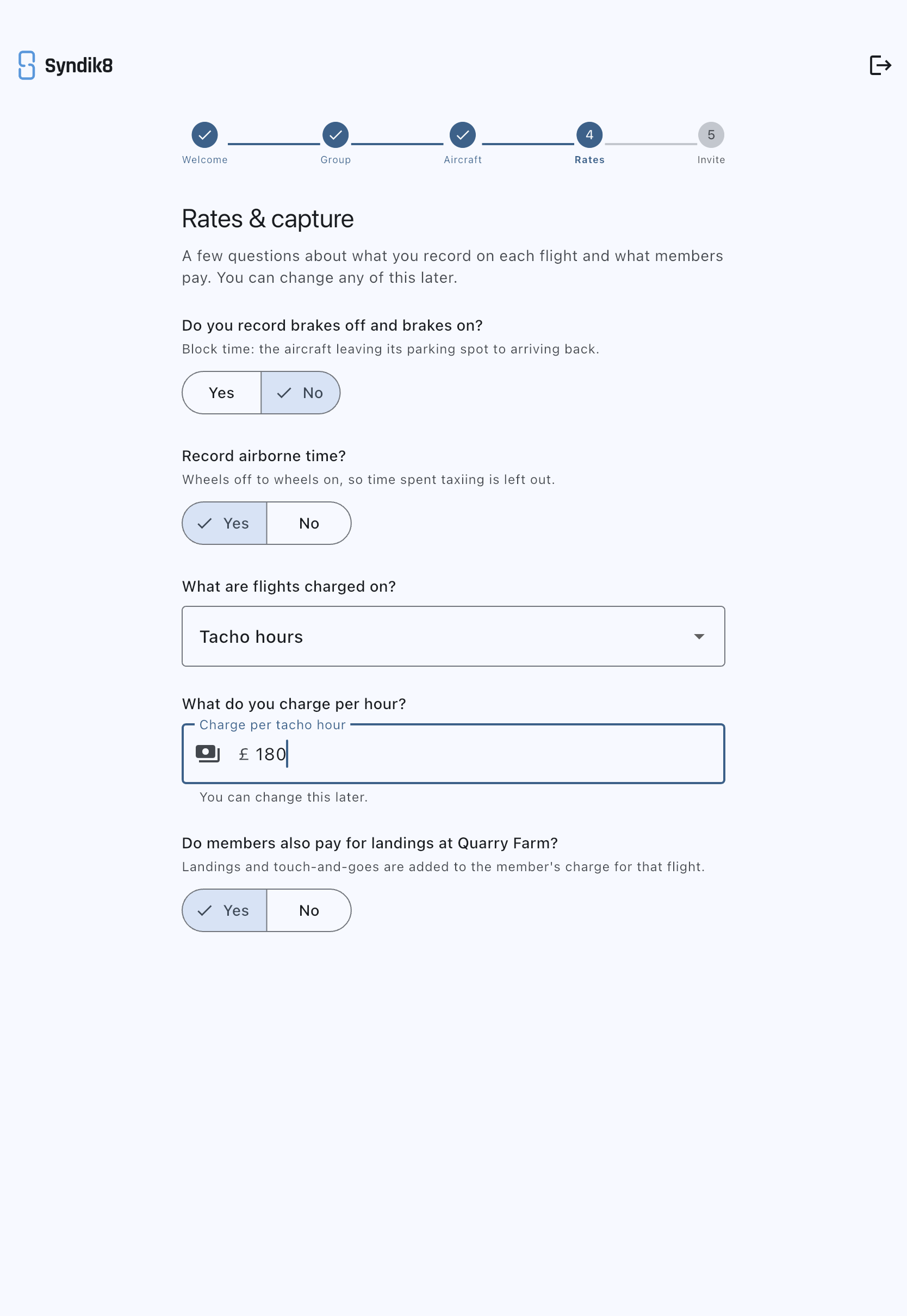 Rates and capture step with the capture questions answered, the charged-on selector, and the hourly rate field