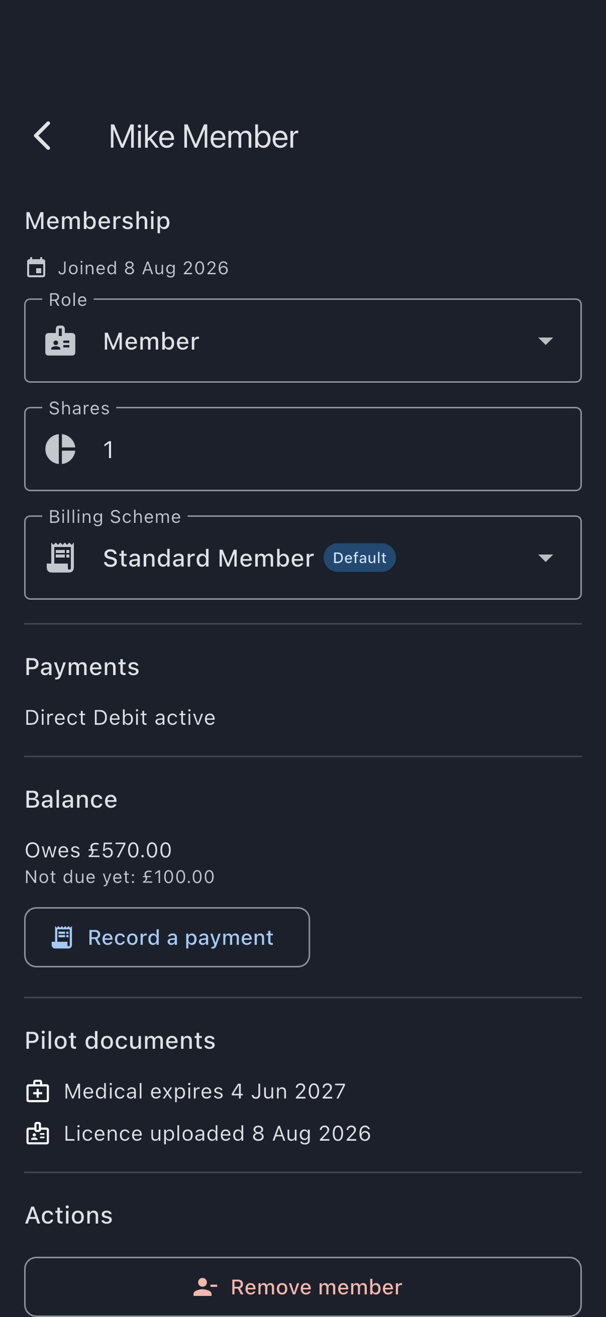 The foot of a member's screen showing the Actions heading with the red Remove member action beneath it