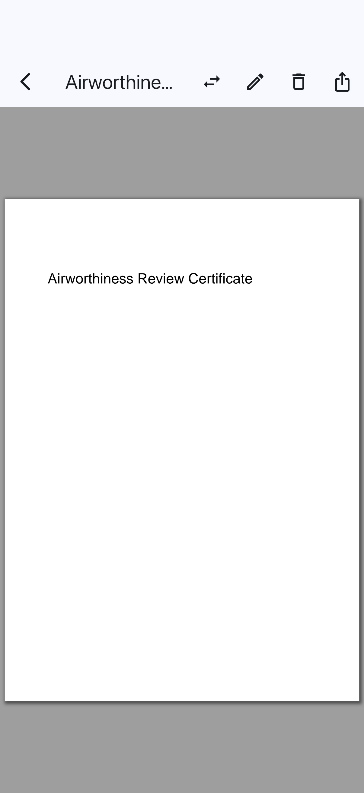 The document viewer for an aircraft document, with Replace on the toolbar
