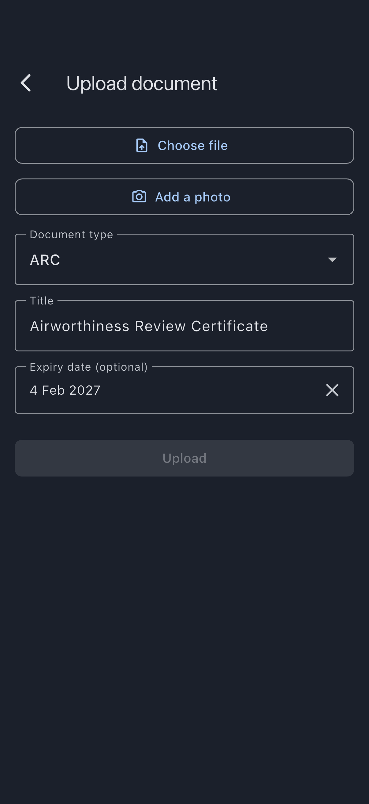 The upload screen opened from Replace, pre-filled with the existing title, type and expiry date and awaiting the new file