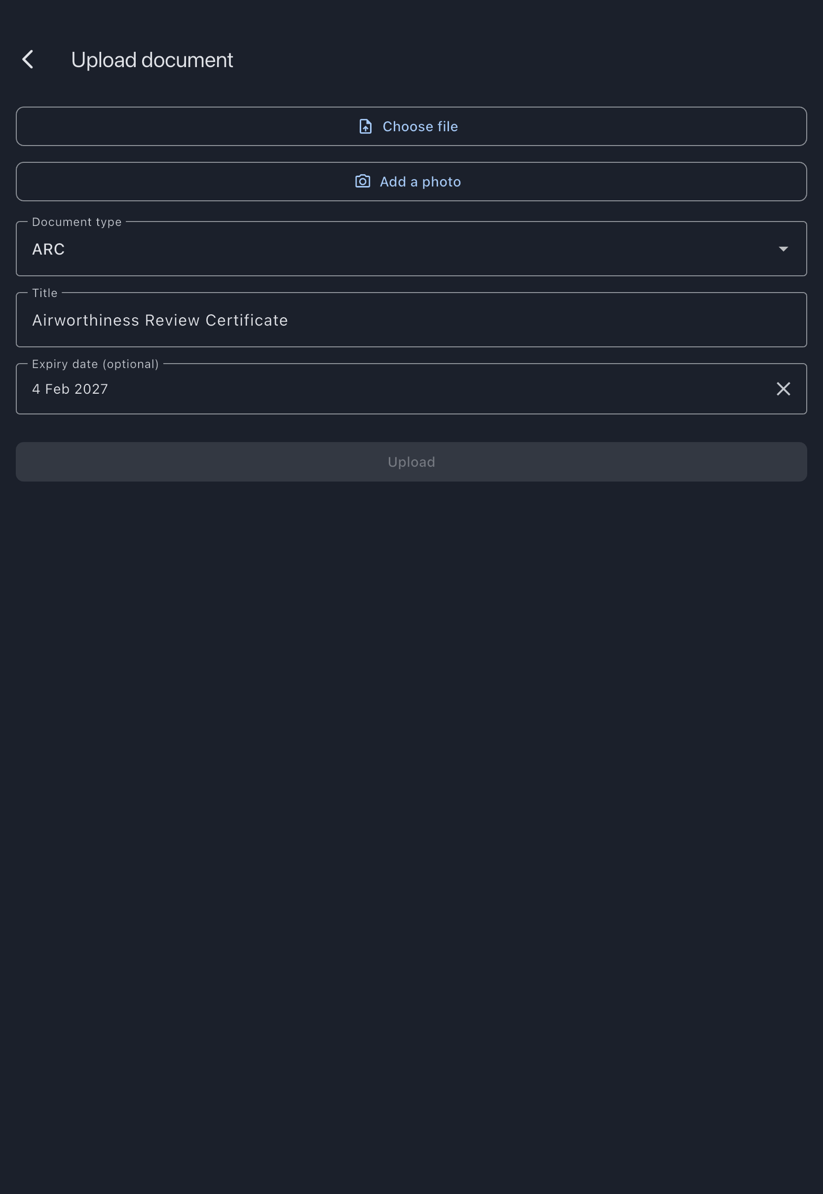 The upload screen opened from Replace, pre-filled with the existing title, type and expiry date and awaiting the new file