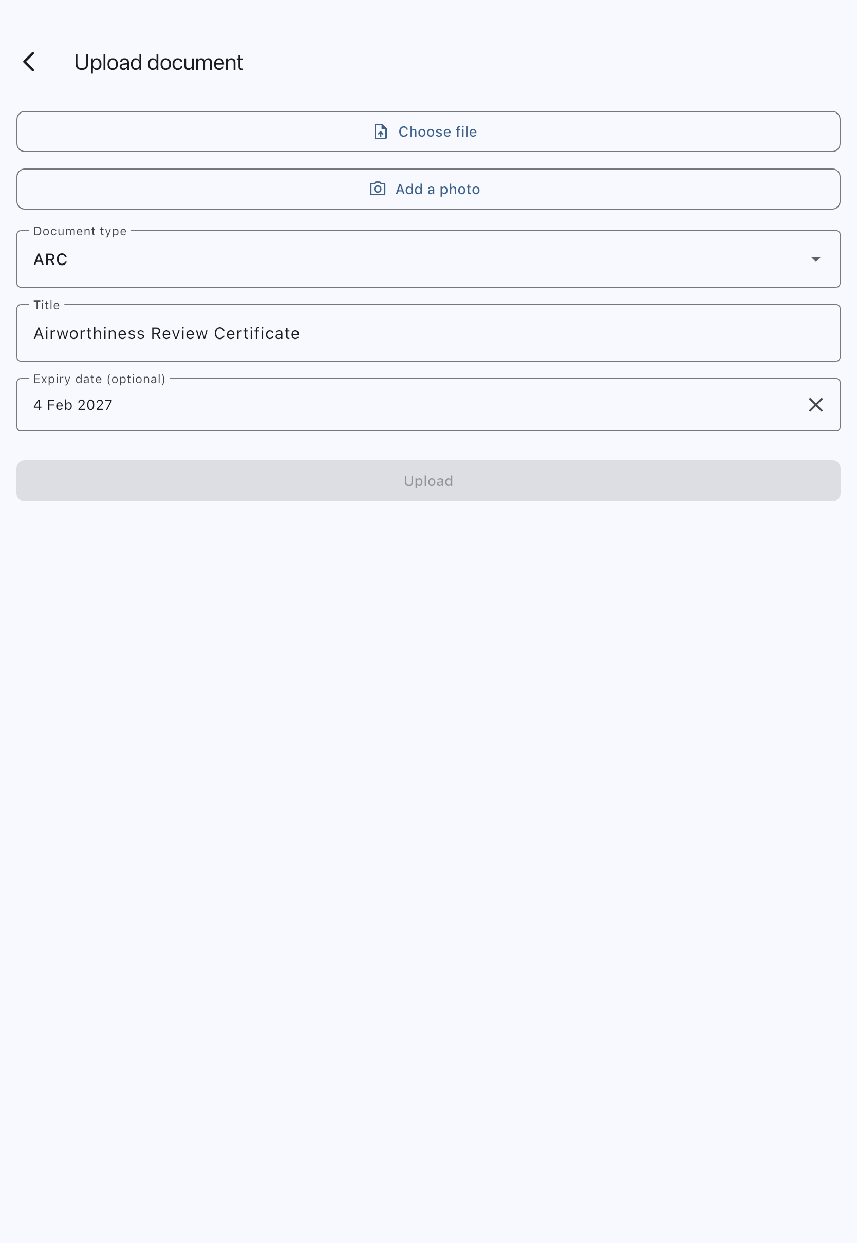 The upload screen opened from Replace, pre-filled with the existing title, type and expiry date and awaiting the new file