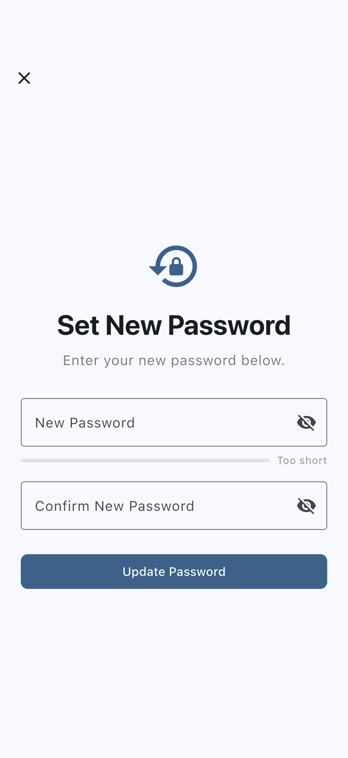 The Set New Password screen with an empty New Password field, a strength meter reading Too short beneath it, an empty Confirm New Password field, and the Update Password button