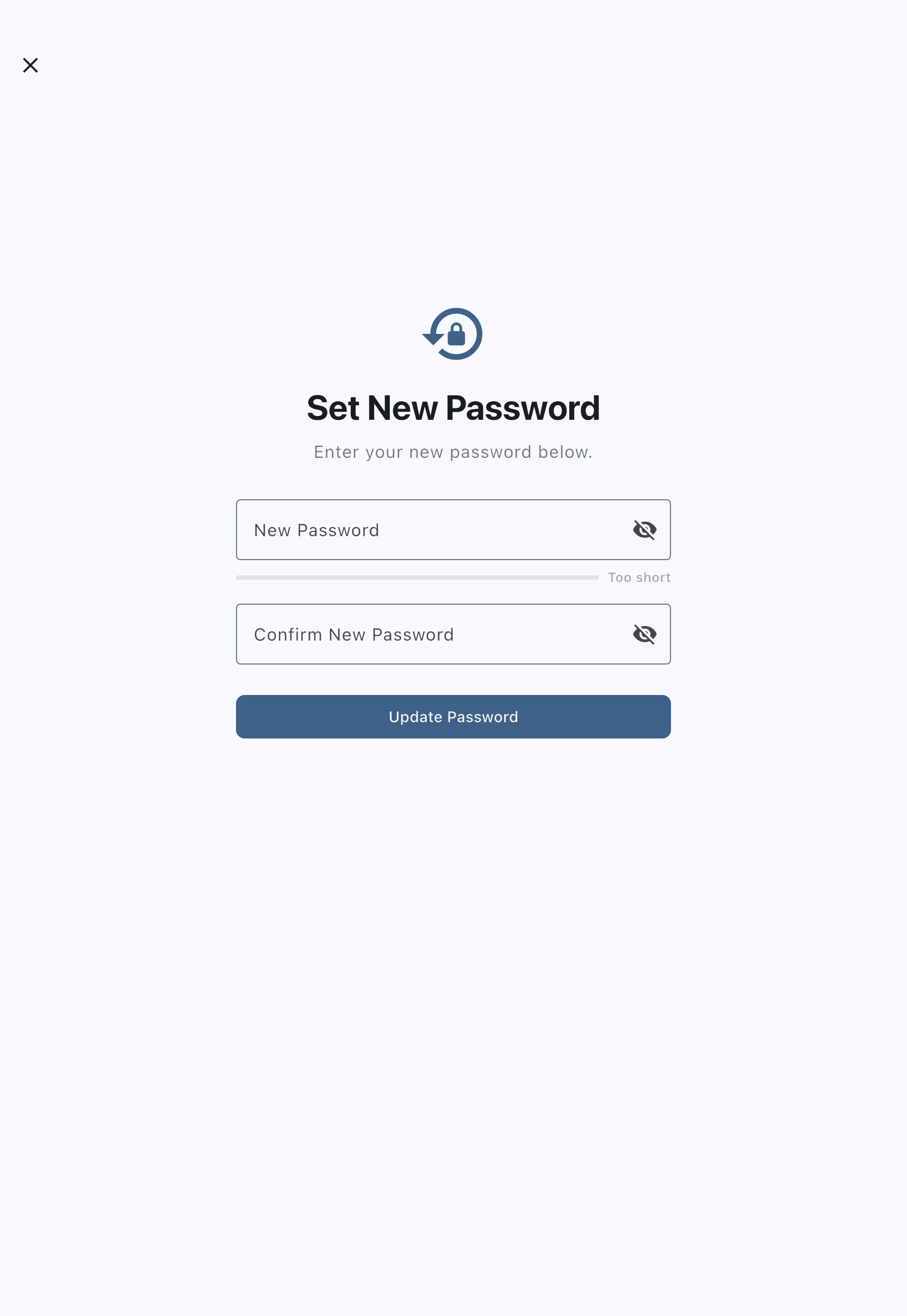 The Set New Password screen with an empty New Password field, a strength meter reading Too short beneath it, an empty Confirm New Password field, and the Update Password button