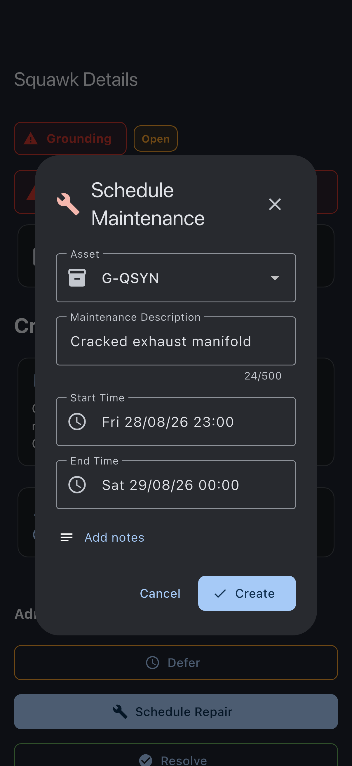 The maintenance booking dialog opened from the squawk, pre-filled with the aircraft, the maintenance booking type and a description taken from the squawk title