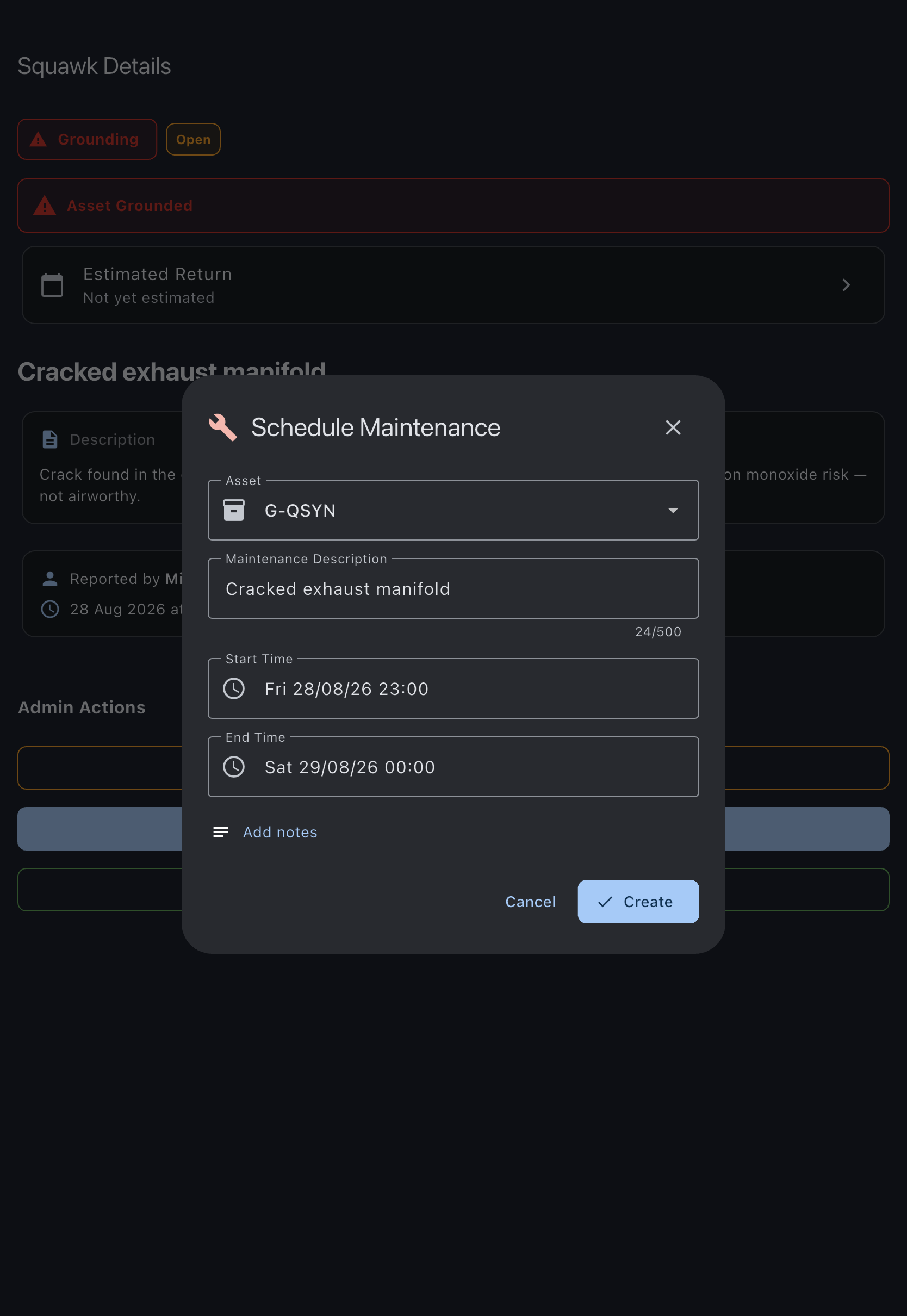 The maintenance booking dialog opened from the squawk, pre-filled with the aircraft, the maintenance booking type and a description taken from the squawk title